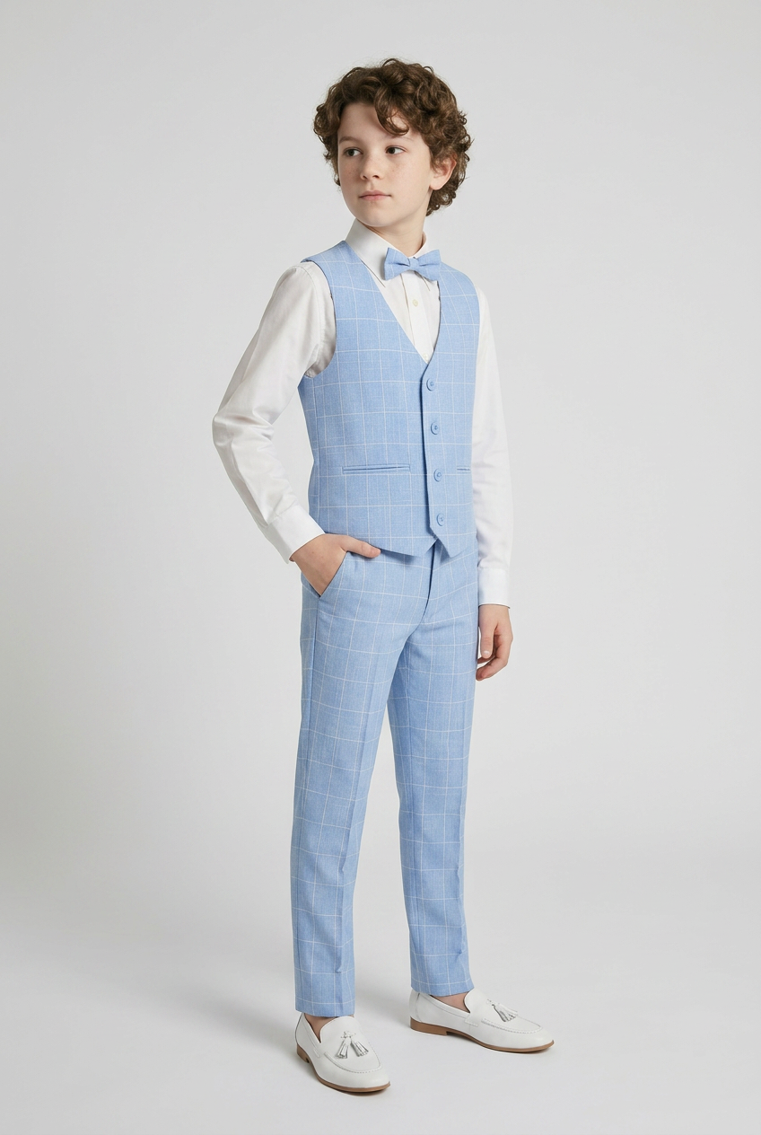 Boys Windowpane Check Blue Waistcoat Set - E-SAM - Blue
