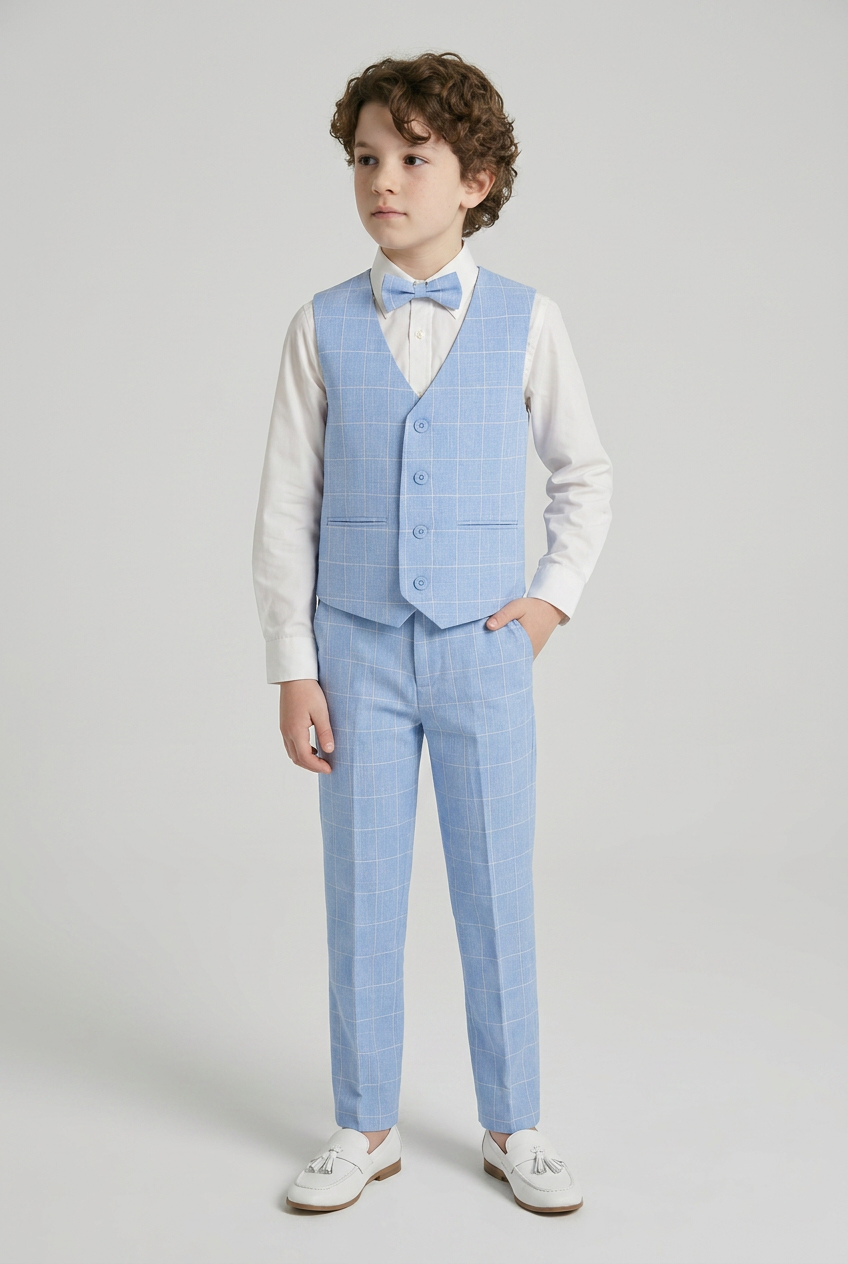 Boys Windowpane Check Blue Waistcoat Set - E-SAM - Blue