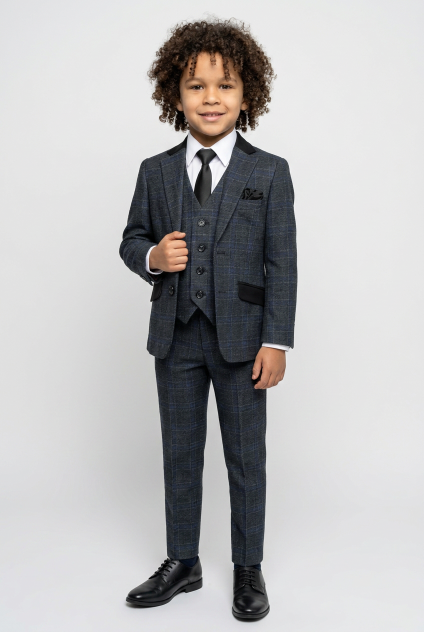 Boys Windowpane Check Charcoal Grey Suit Set - Charcoal Grey
