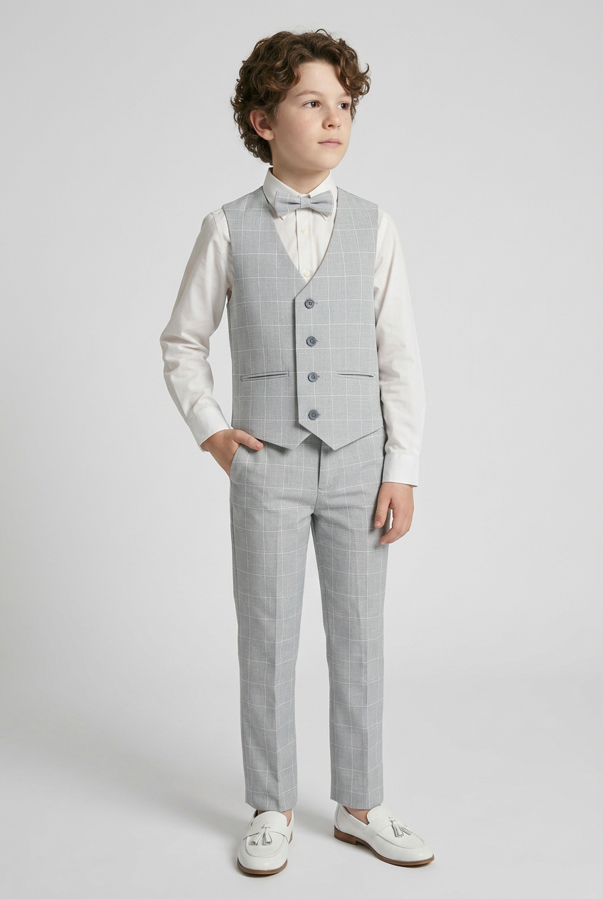 Boys Windowpane Check Grey Waistcoat Set - E-SAM - Light Grey