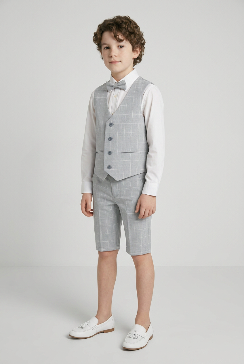 Boys Windowpane Check Grey Waistcoat Set - E-SAM - Light Grey