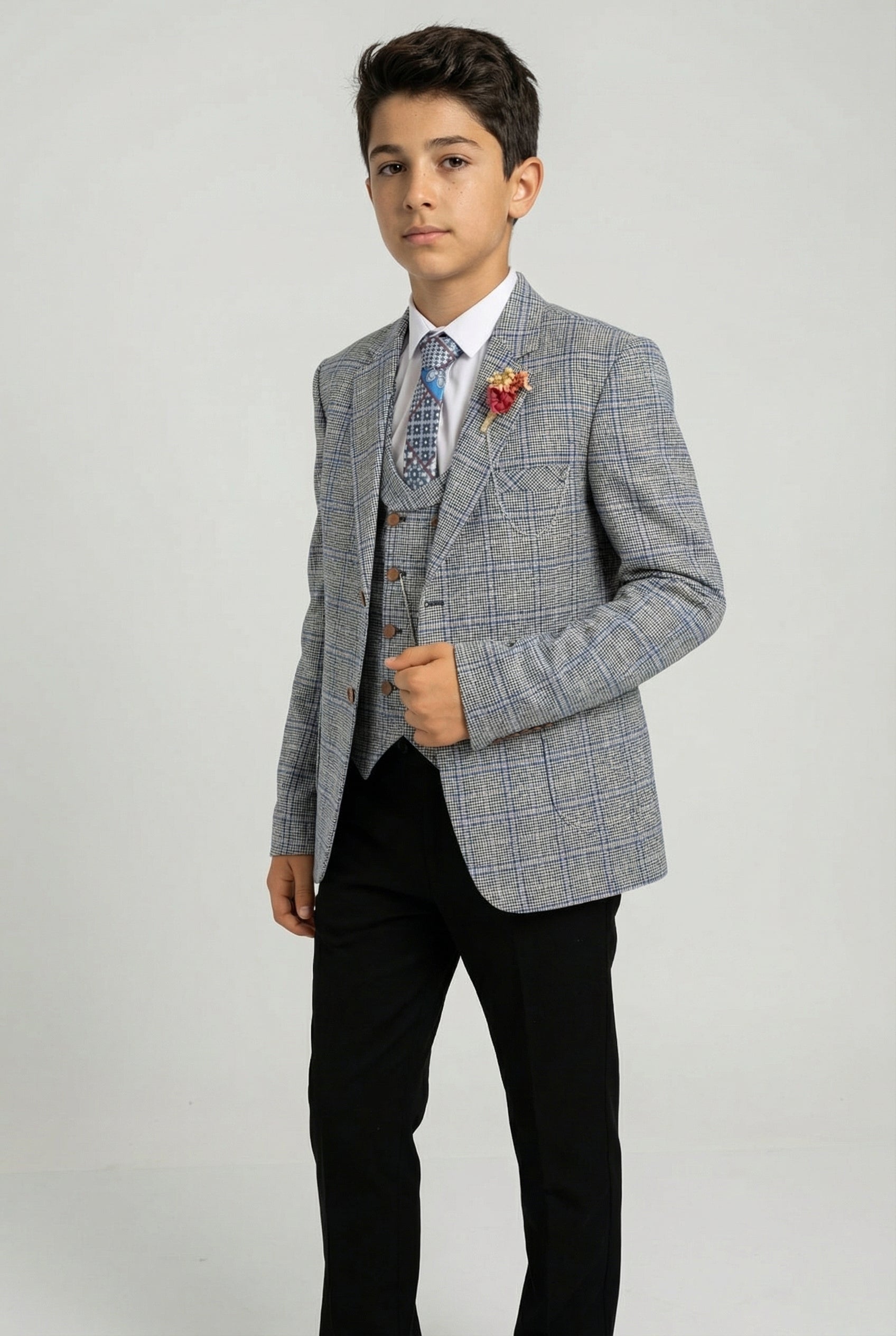 Boys Windowpane Check Slim Fit Suit - Blue - Black