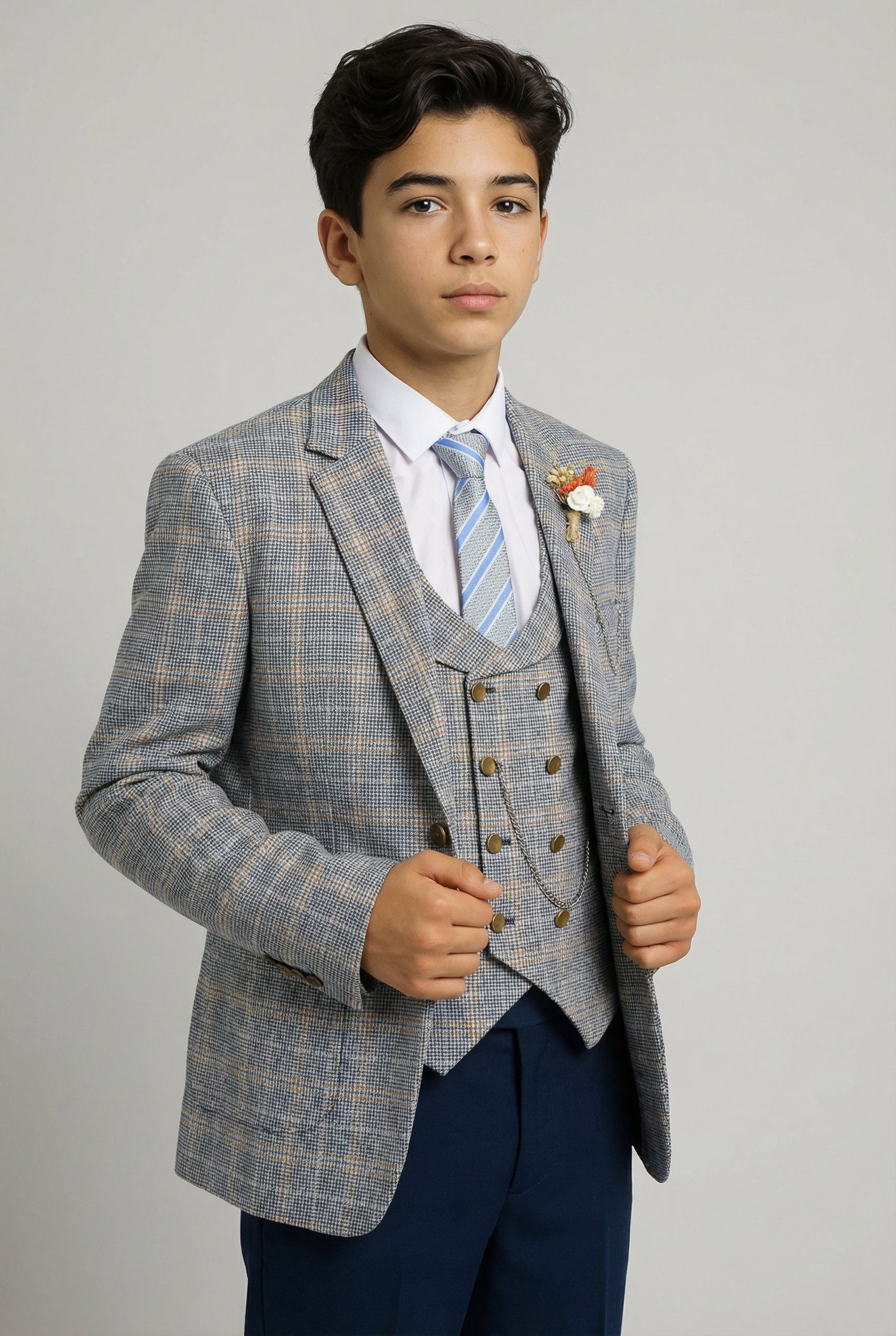 Boys Windowpane Check Slim Fit Suit - Blue