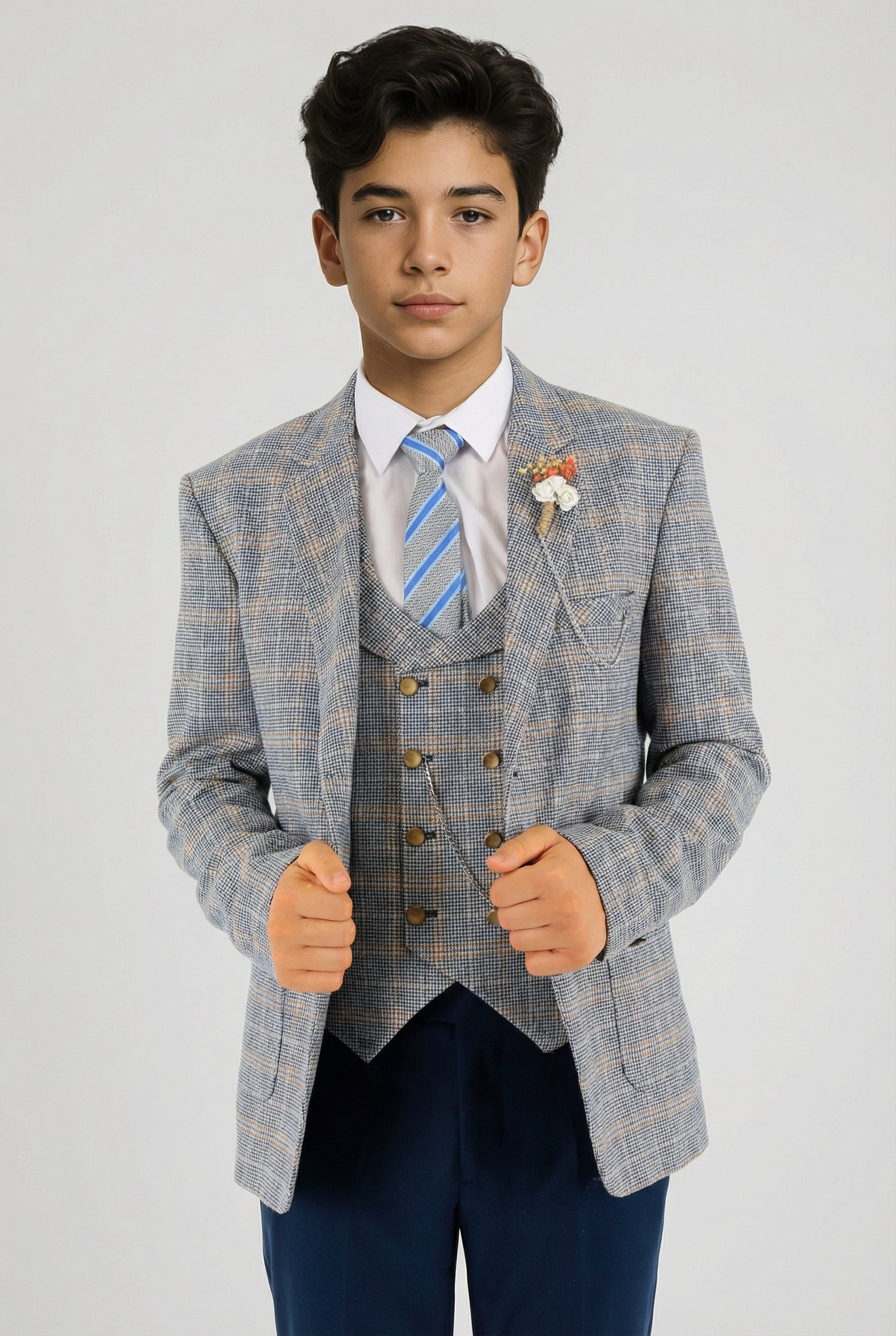 Boys Windowpane Check Slim Fit Suit - Blue
