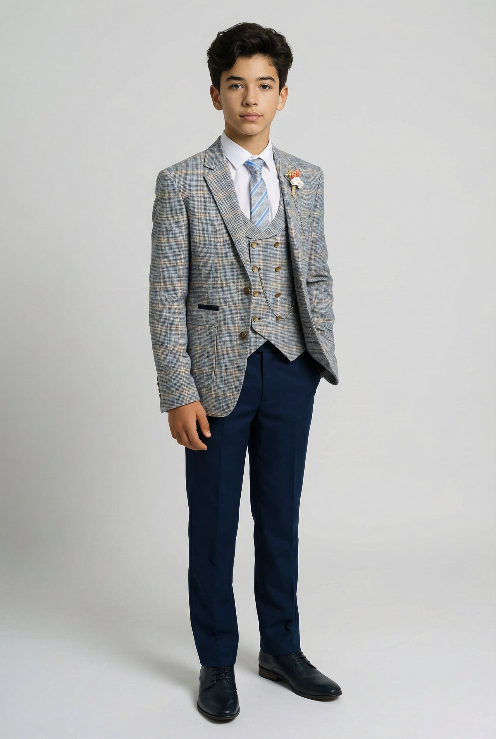 Boys Windowpane Check Slim Fit Suit - Blue