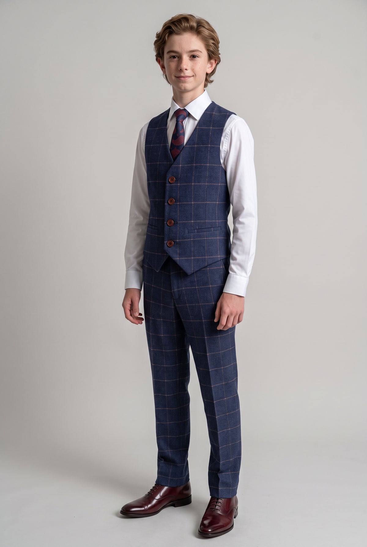 Boys Windowpane Check Slim Fit Suit - Dark Blue - Gold