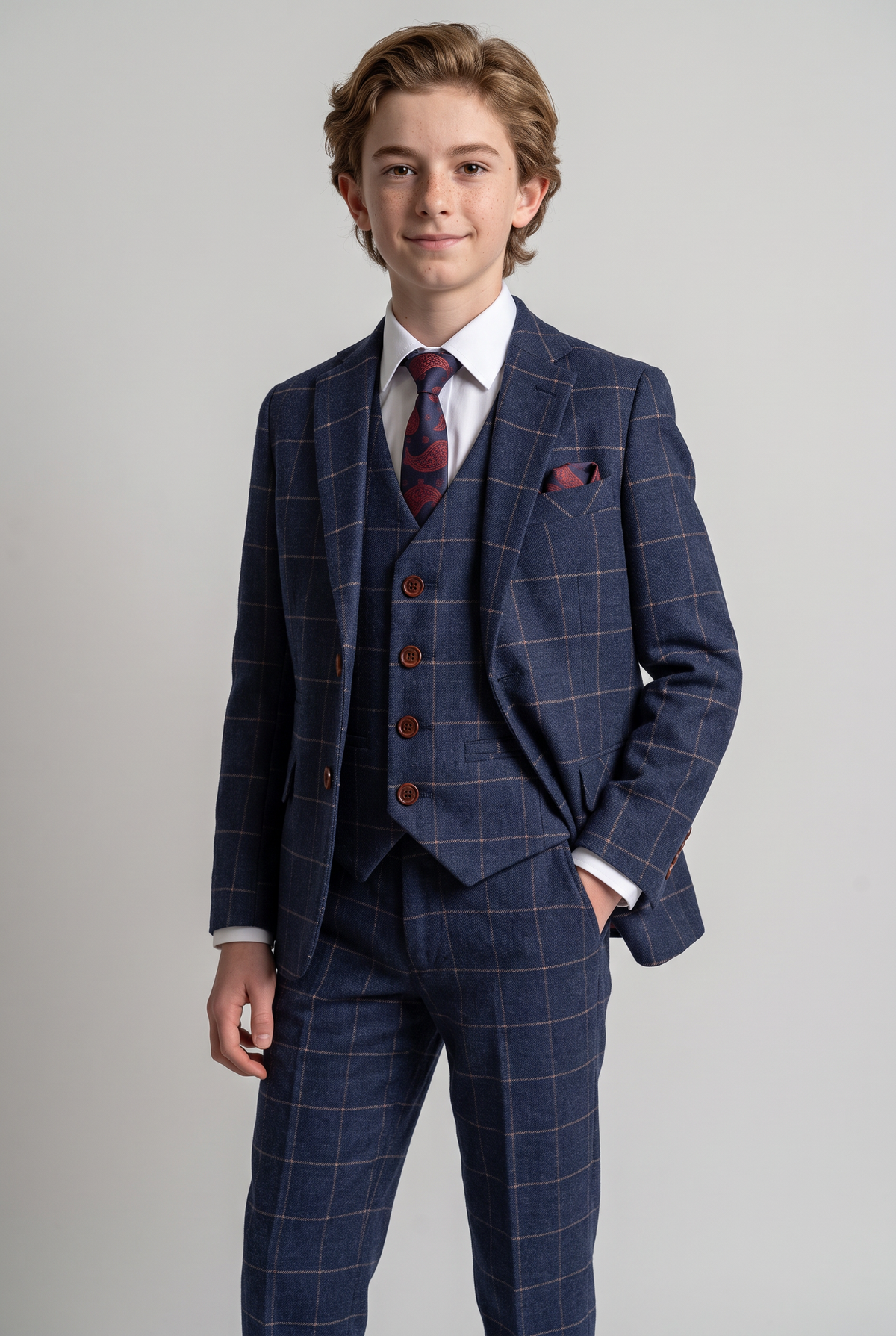 Boys Windowpane Check Slim Fit Suit - Dark Blue - Gold