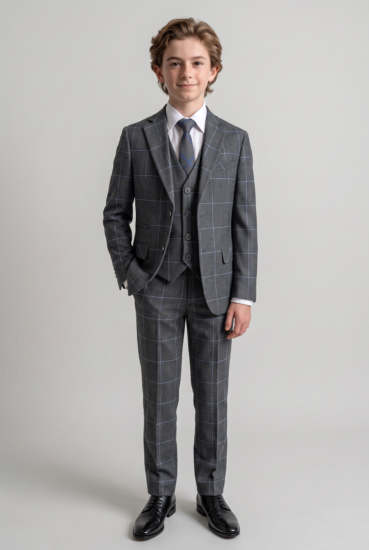 Boys Windowpane Check Slim Fit Suit - Grey - Blue
