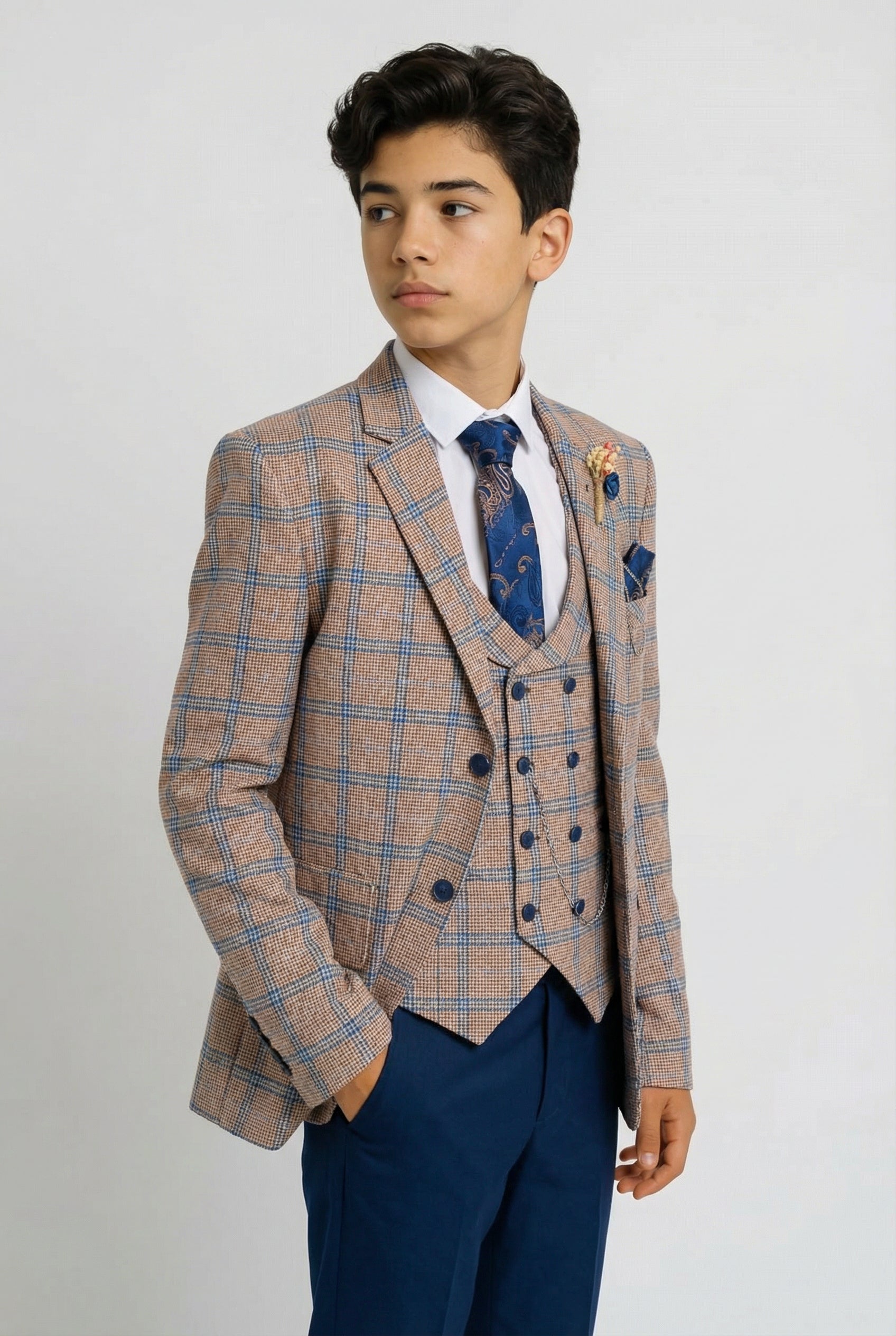 Boys Windowpane Check Slim Fit Suit - Peach - Navy Blue