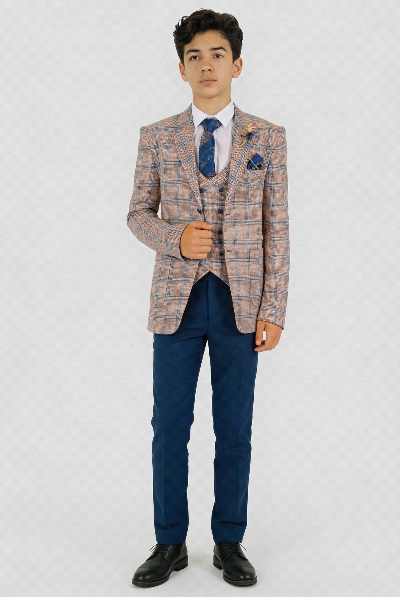 Boys Windowpane Check Slim Fit Suit - Peach - Navy Blue