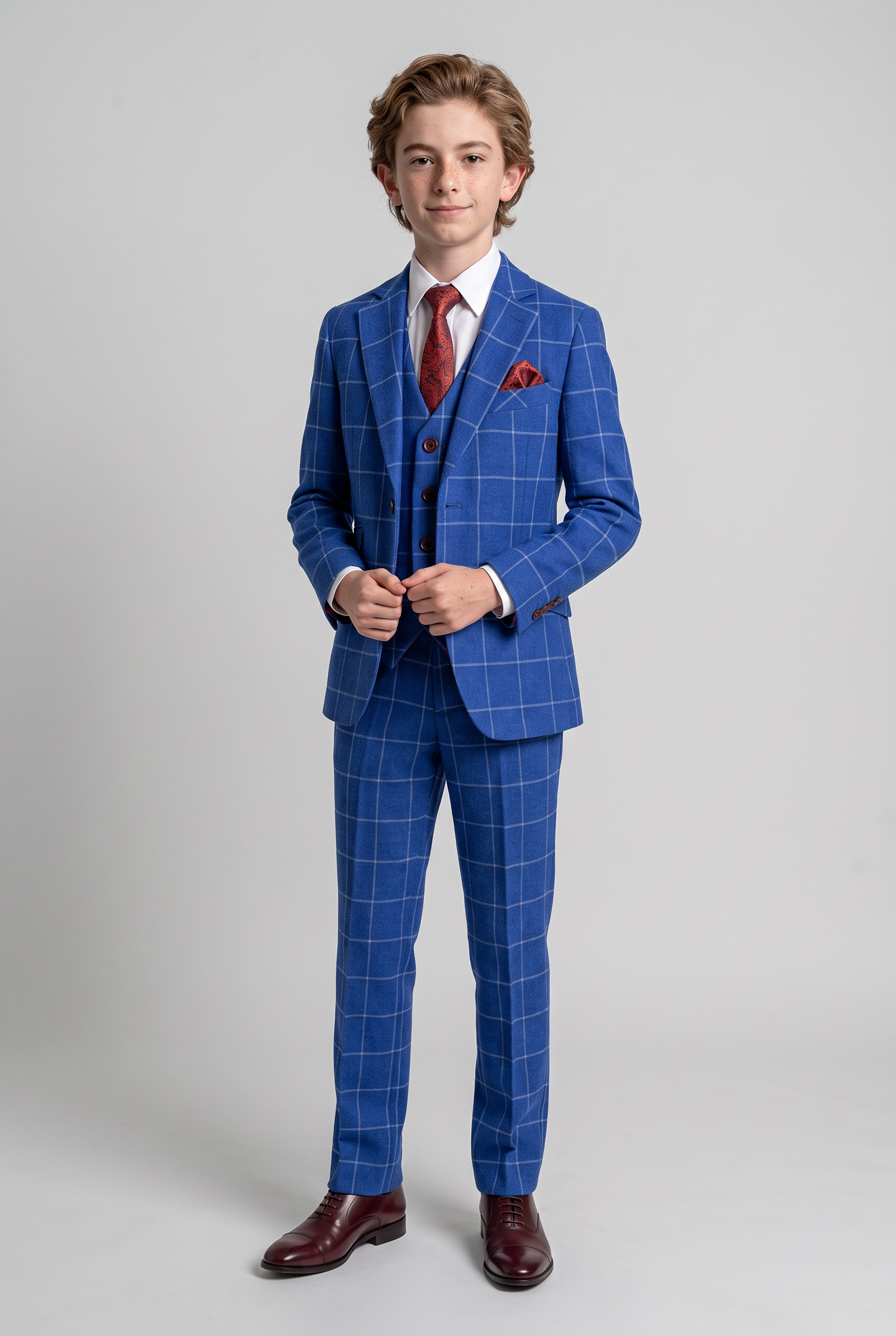 Boys Windowpane Check Slim Fit Suit - Royal Blue