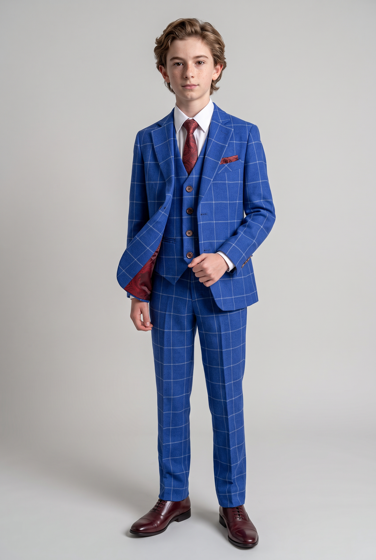Boys Windowpane Check Slim Fit Suit - Royal Blue