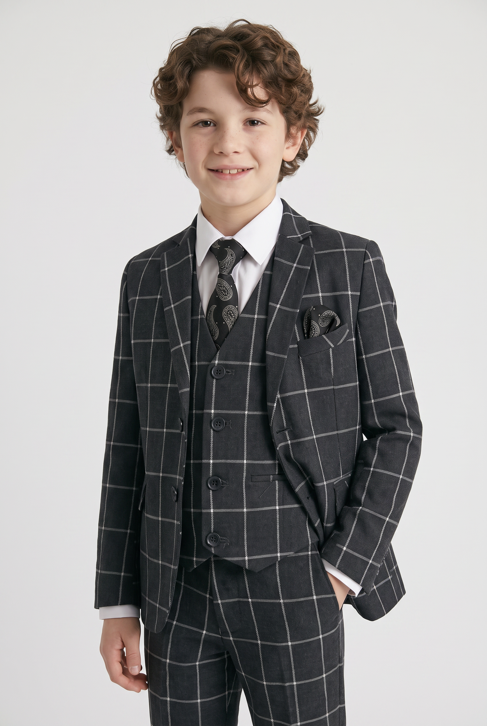 Boys Windowpane Check Suit Set - Charcoal Grey