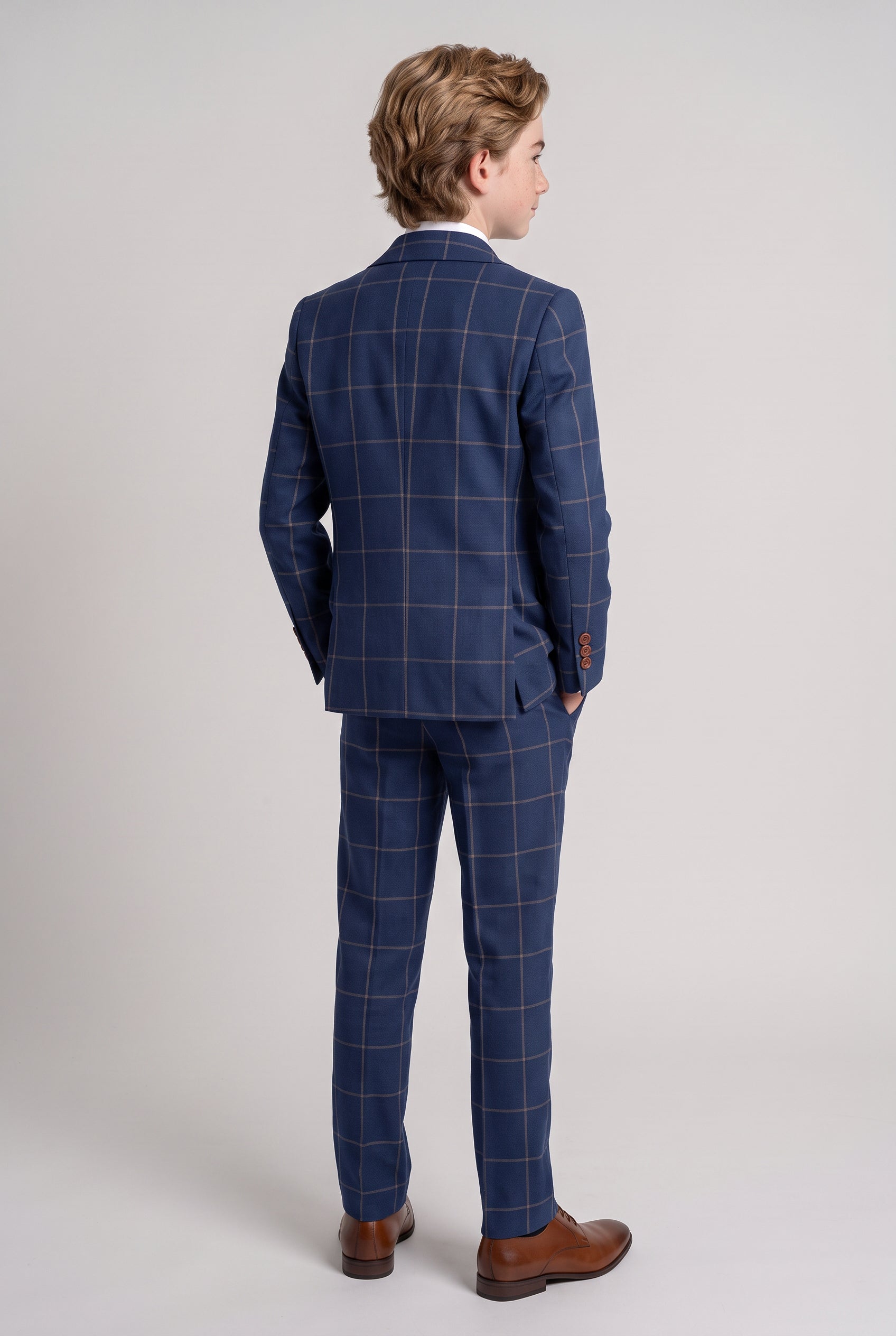 Boys Windowpane Check Woven Effect Navy Suit Set - Navy blue- Brown