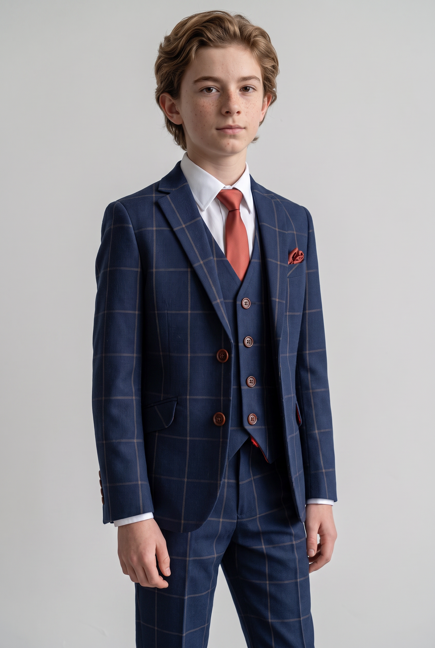Boys Windowpane Check Woven Effect Navy Suit Set - Navy blue- Brown