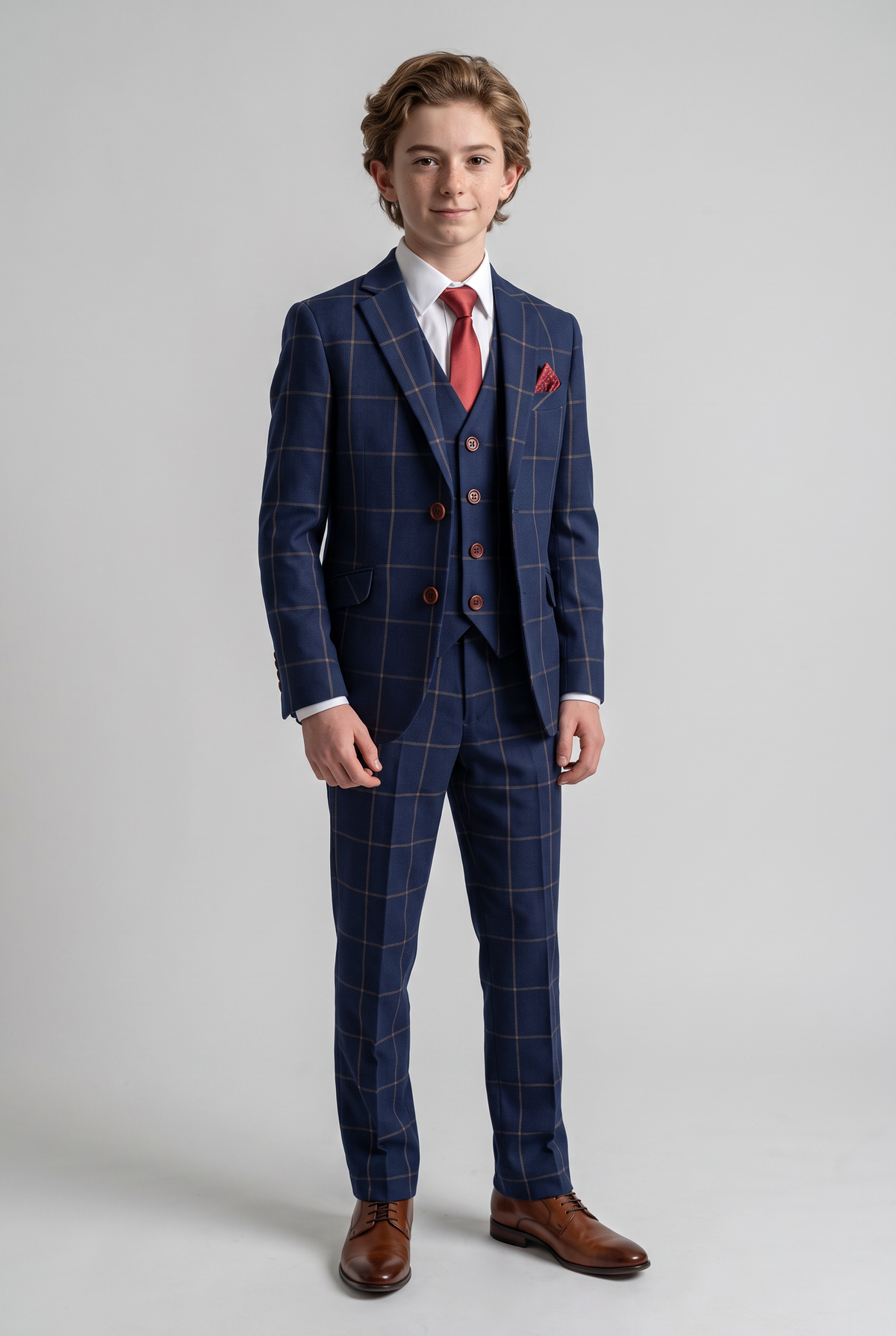 Boys Windowpane Check Woven Effect Navy Suit Set - Navy blue- Brown