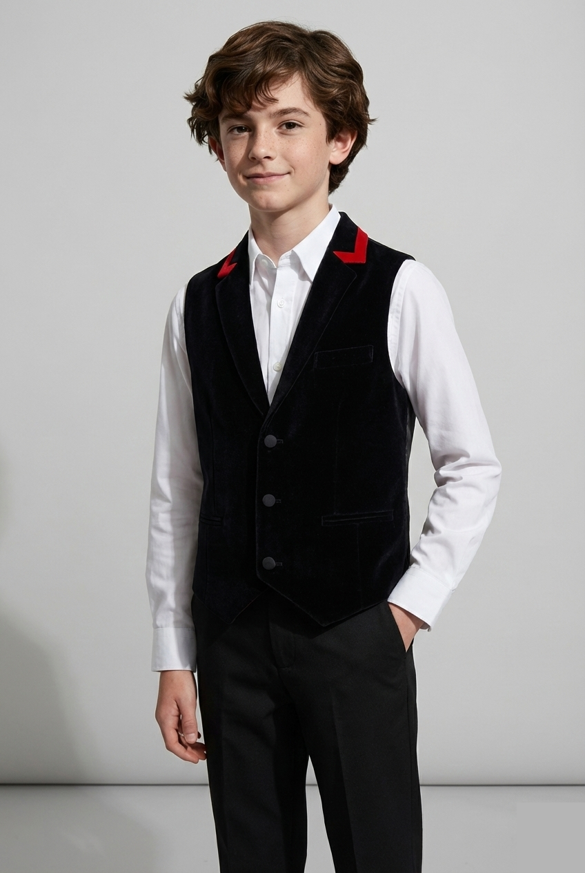 Boys Winged Collar Velvet Black Waistcoat - Black Front Picture