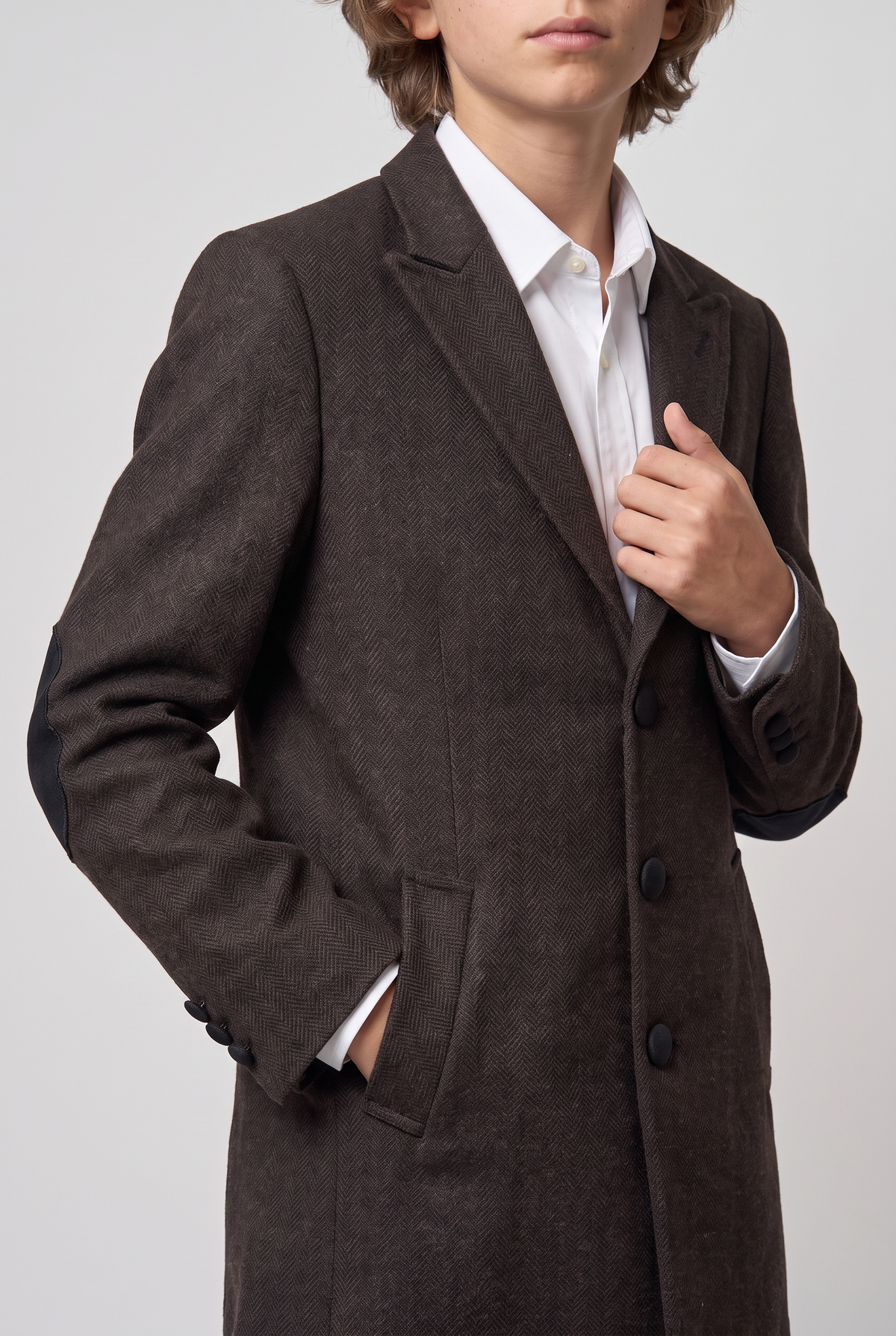 Boys Wool Tweed Herringbone Overcoat - Dark Brown