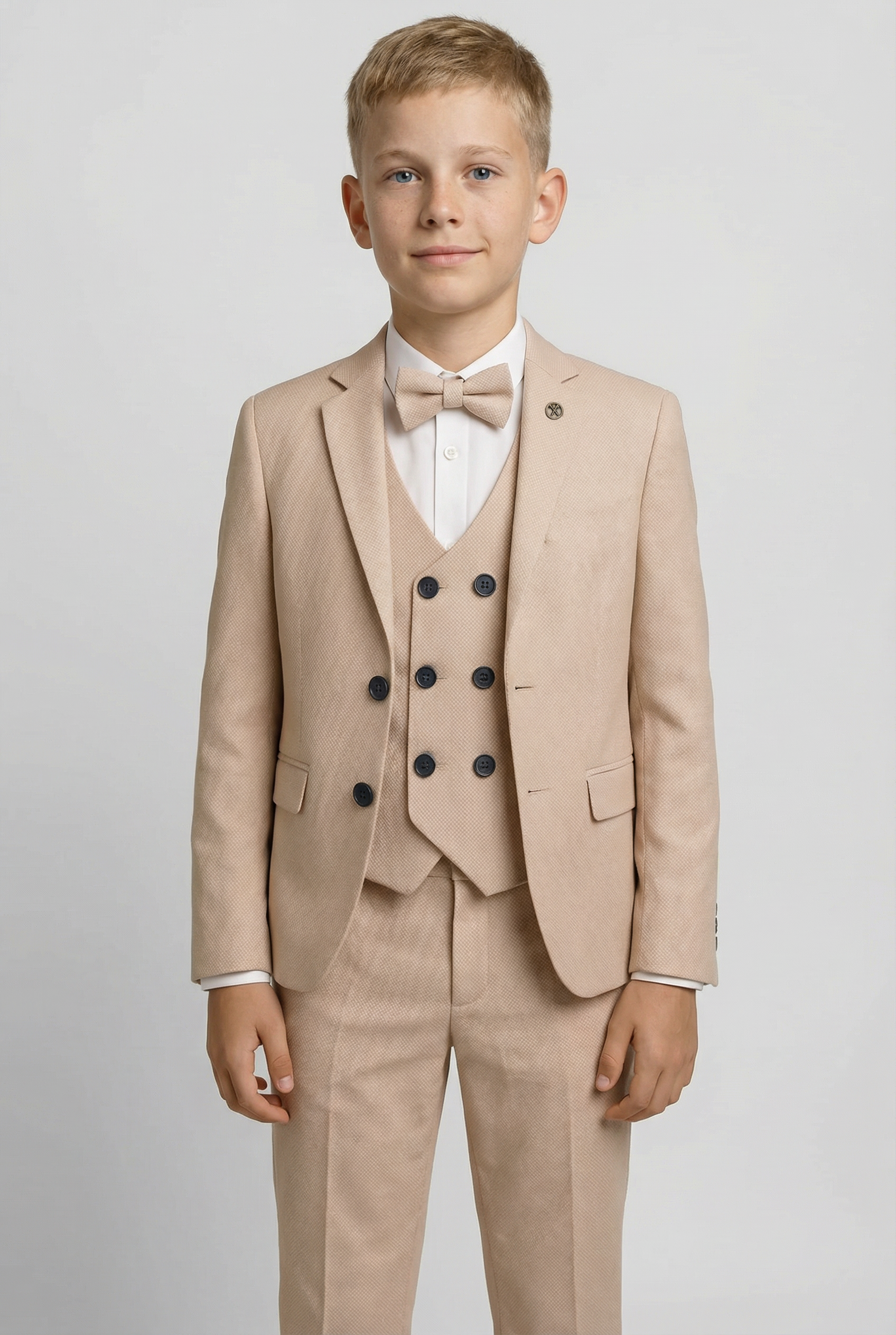 Boys 5-Piece Textured Weave Suit with Double Breasted Waistcoat - Cinnamon