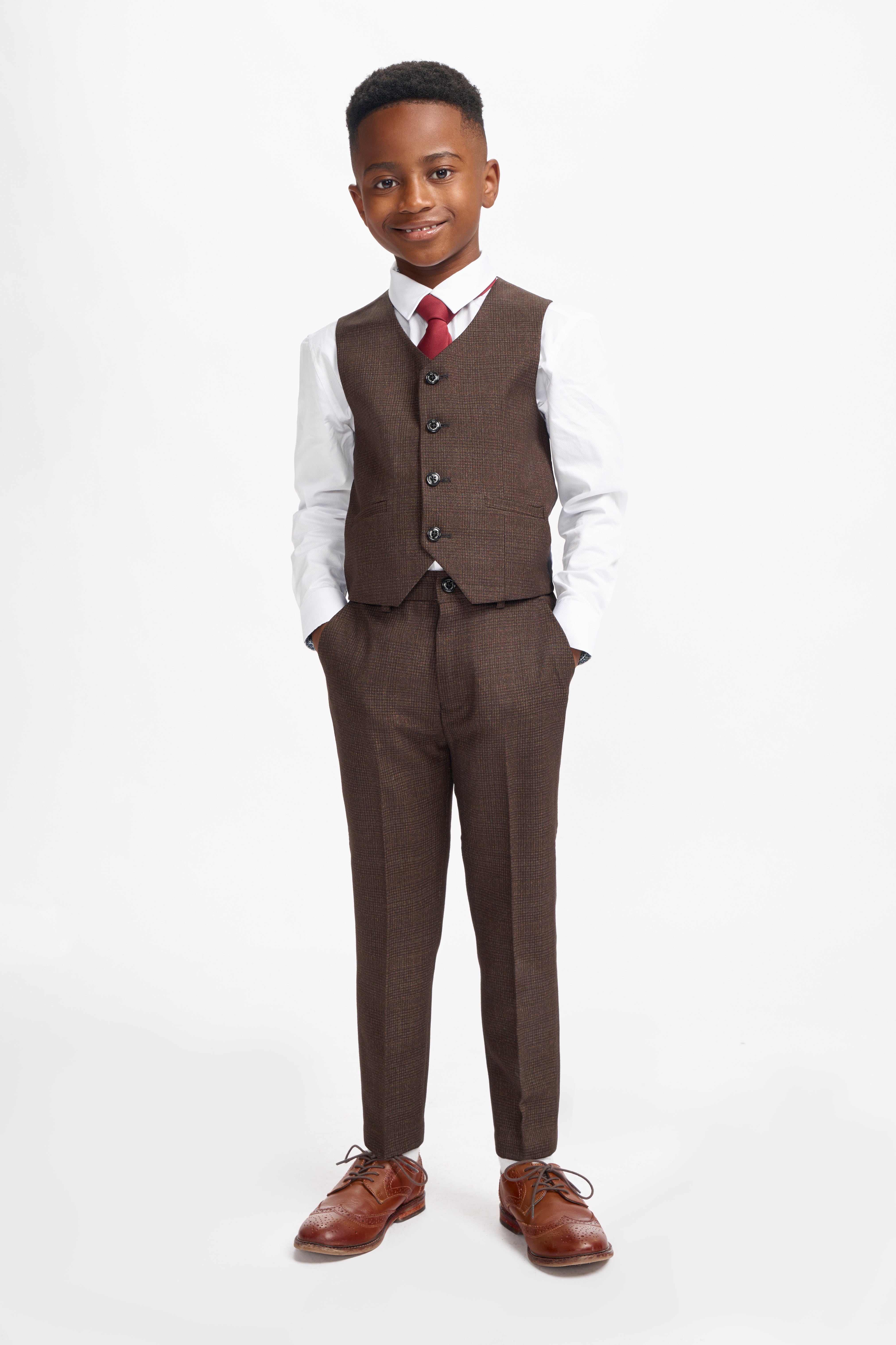 Father & Son Matching Glen Check Wool Tweed 3-Piece Suit Set - Caridi Brown