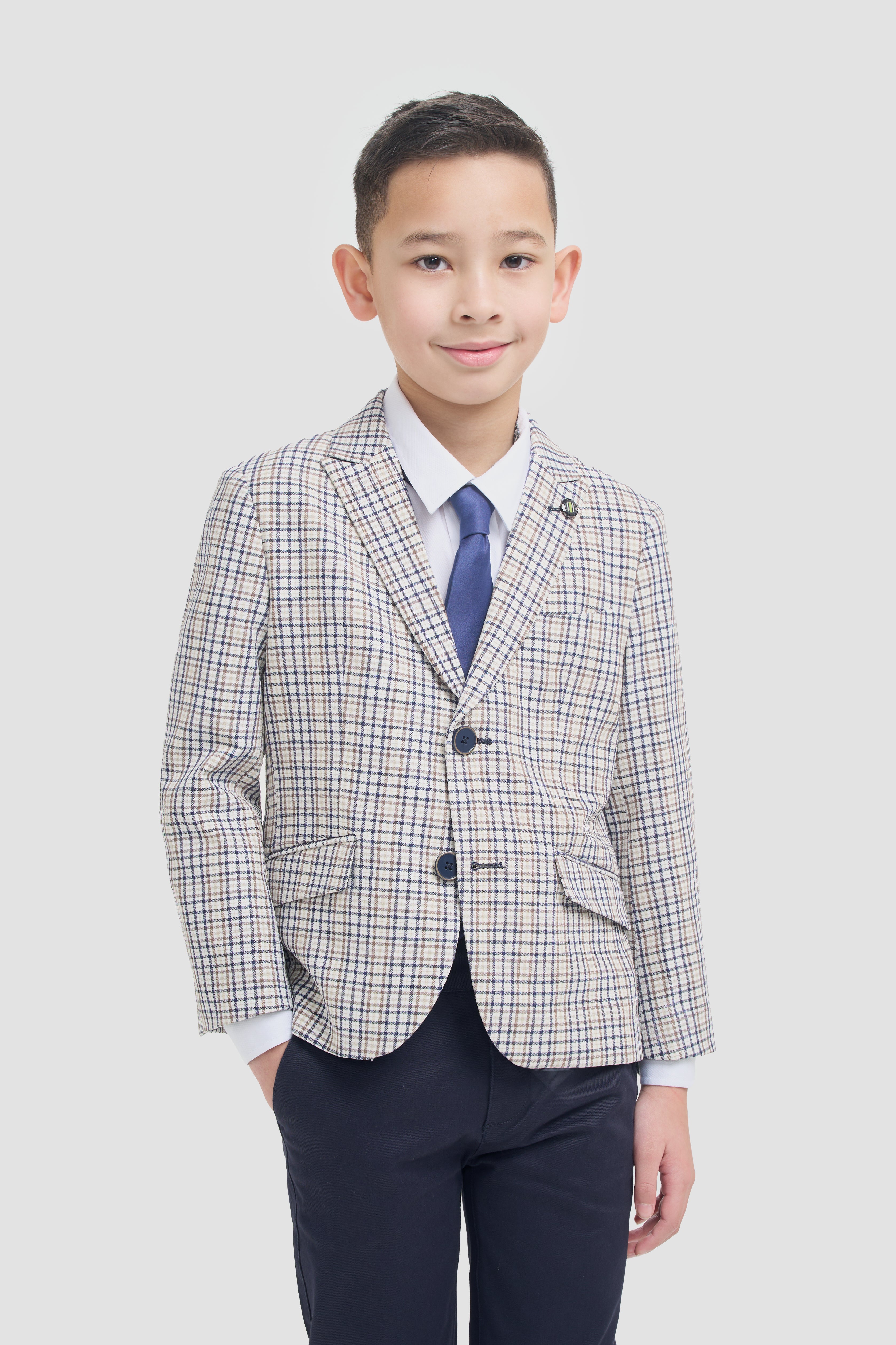 Boys Slim Fit Mini Check Blazer - Ennis - Beige