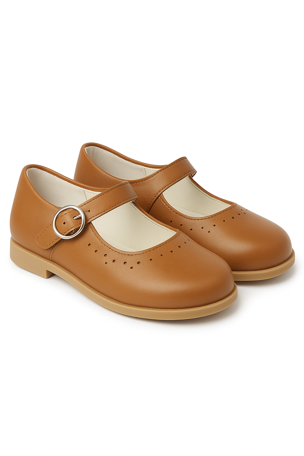 Classic Mary Jane Perforated Girls Shoes – ABBEY_Matt - Mustard Brown Pair Side Picture