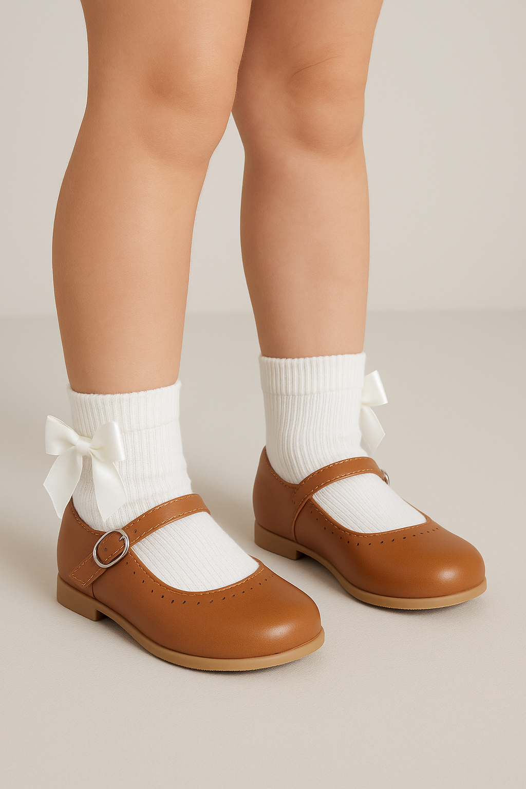 Classic Mary Jane Perforated Girls Shoes – ABBEY_Matt - Mustard Brown Model Picture