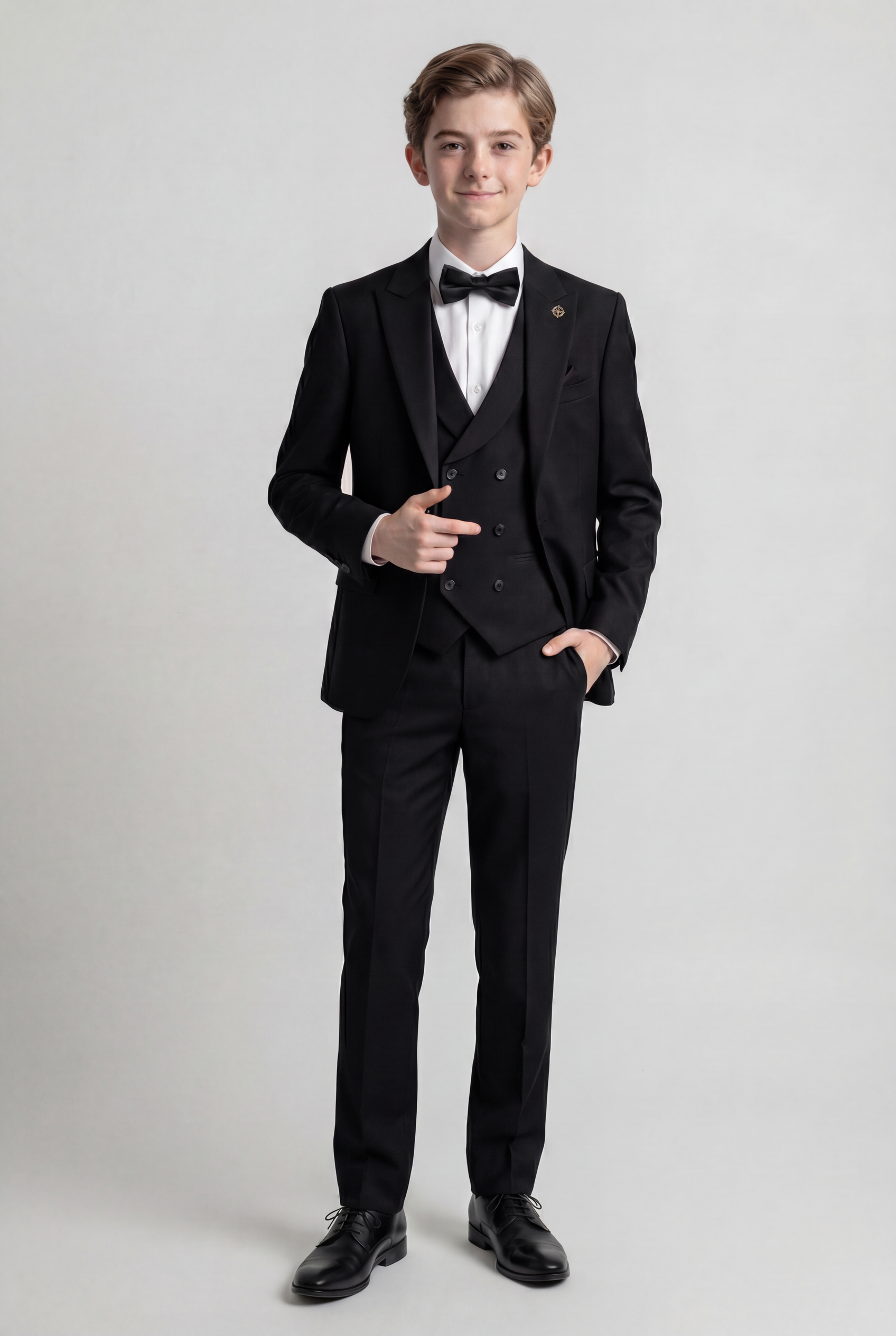 Boys 5-Piece Formal Prom Suit with Double Breasted Waistcoat - Black