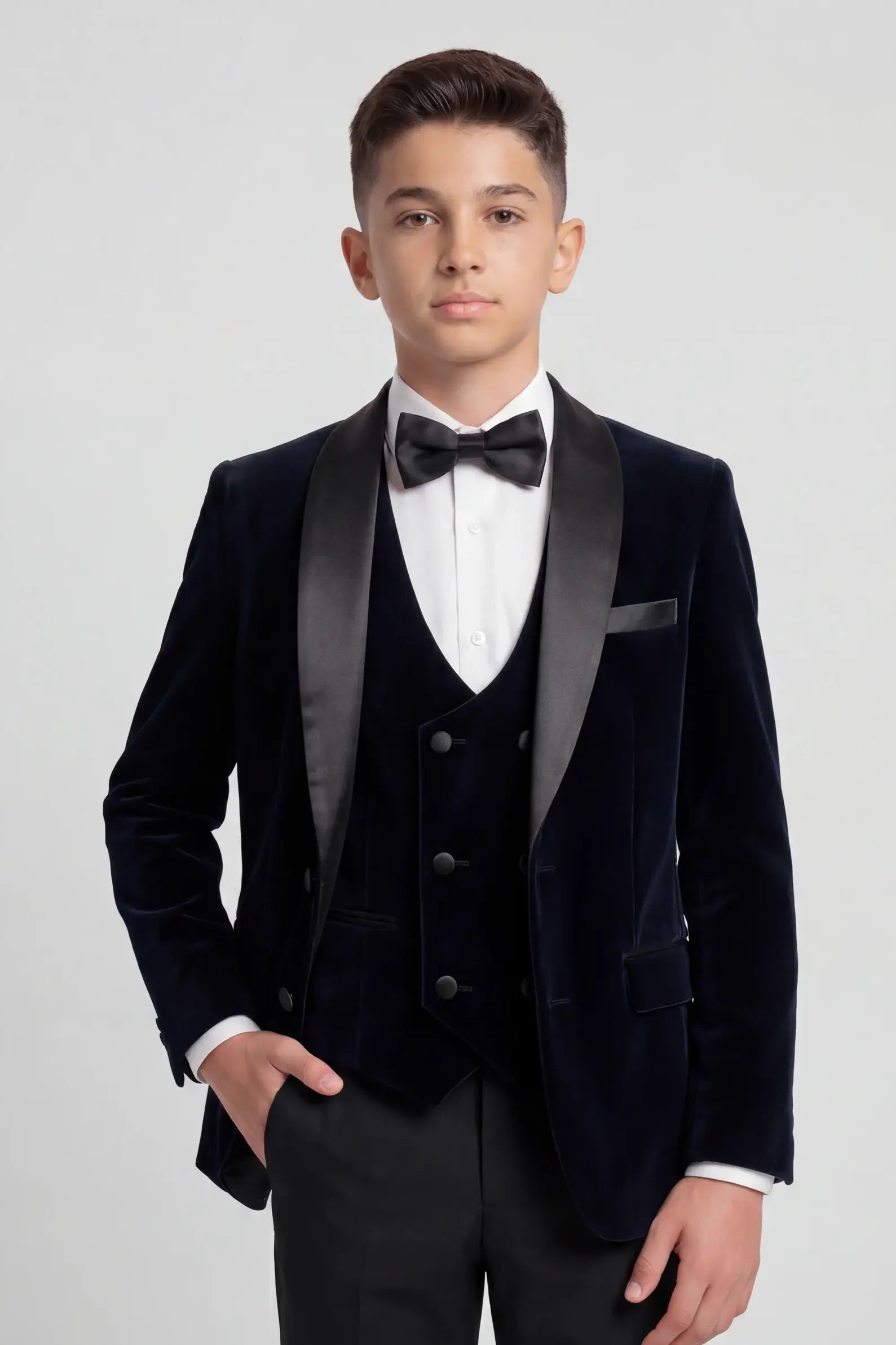 Boys Velvet Tuxedo Suit with Double-breasted Vest - Navy Blue