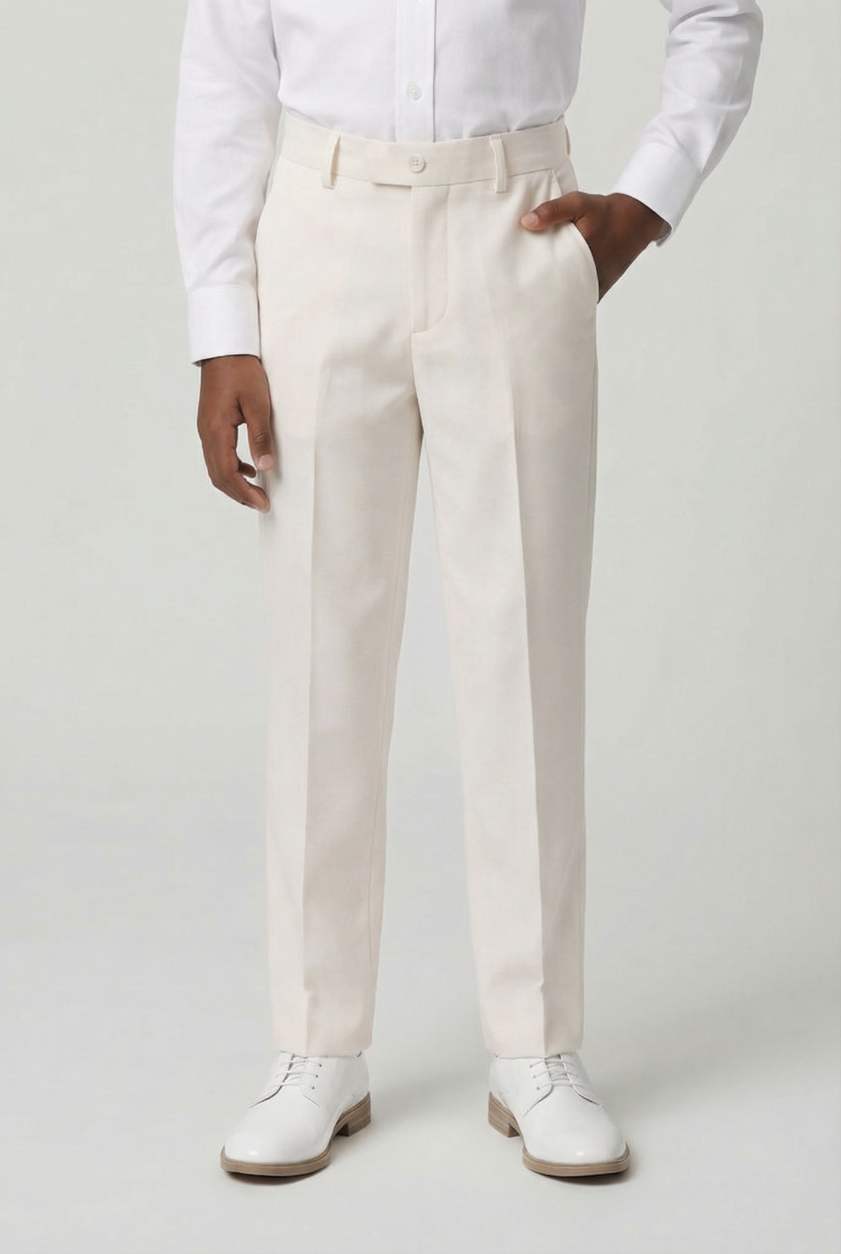 Boys Slim Fit Formal Trousers with Adjustable Waist - Ivory