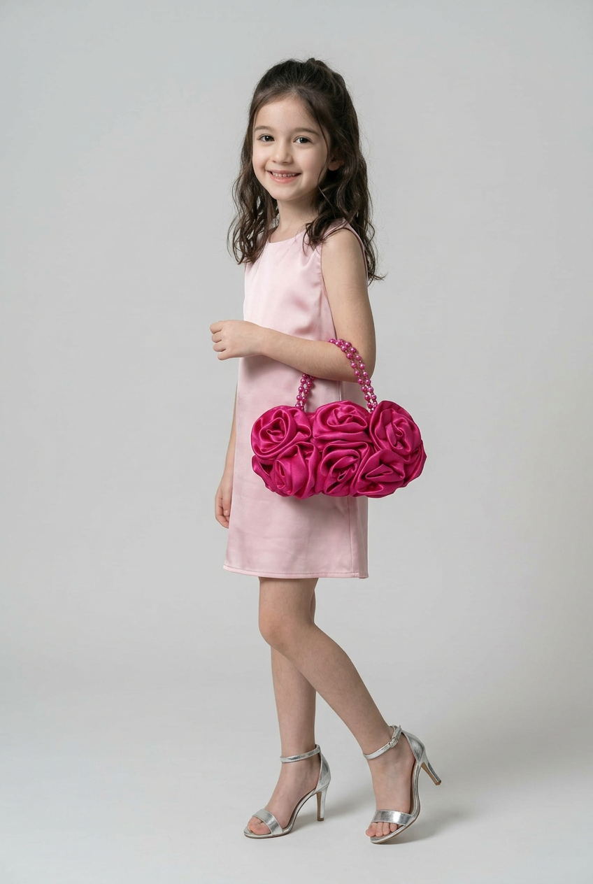 Elegant Satin Rose Evening Bag with Pearl Handle - Fuchia