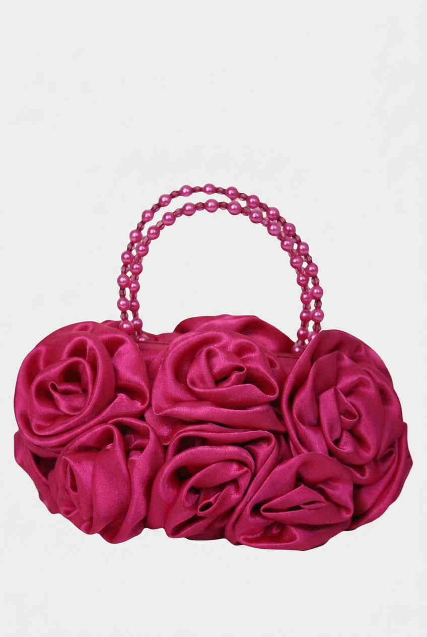 Elegant Satin Rose Evening Bag with Pearl Handle - Fuchia