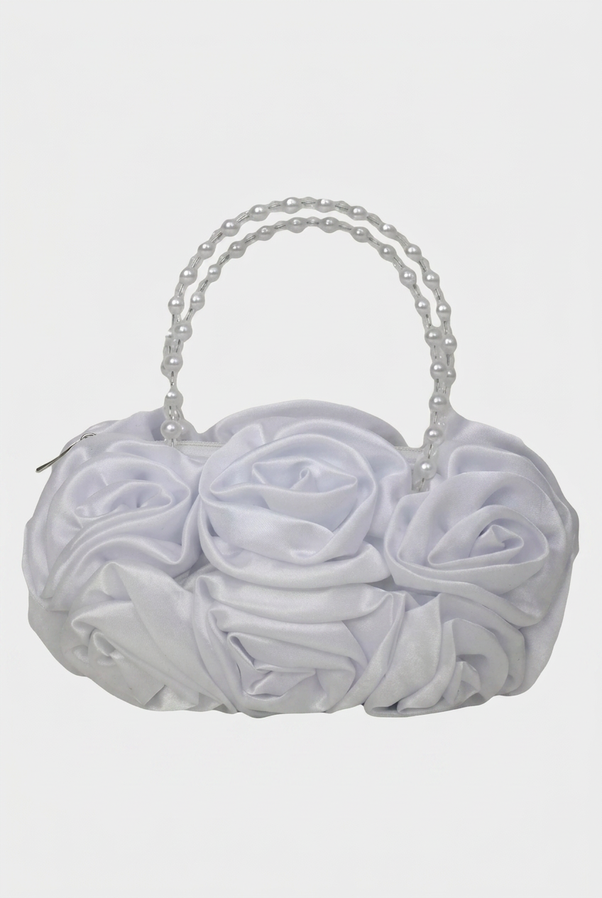 Elegant Satin Rose Evening Bag with Pearl Handle - White