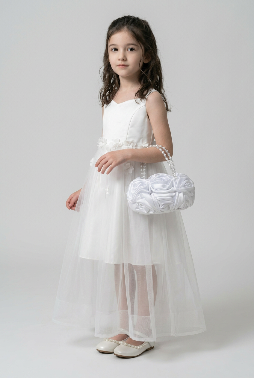 Elegant Satin Rose Evening Bag with Pearl Handle - White