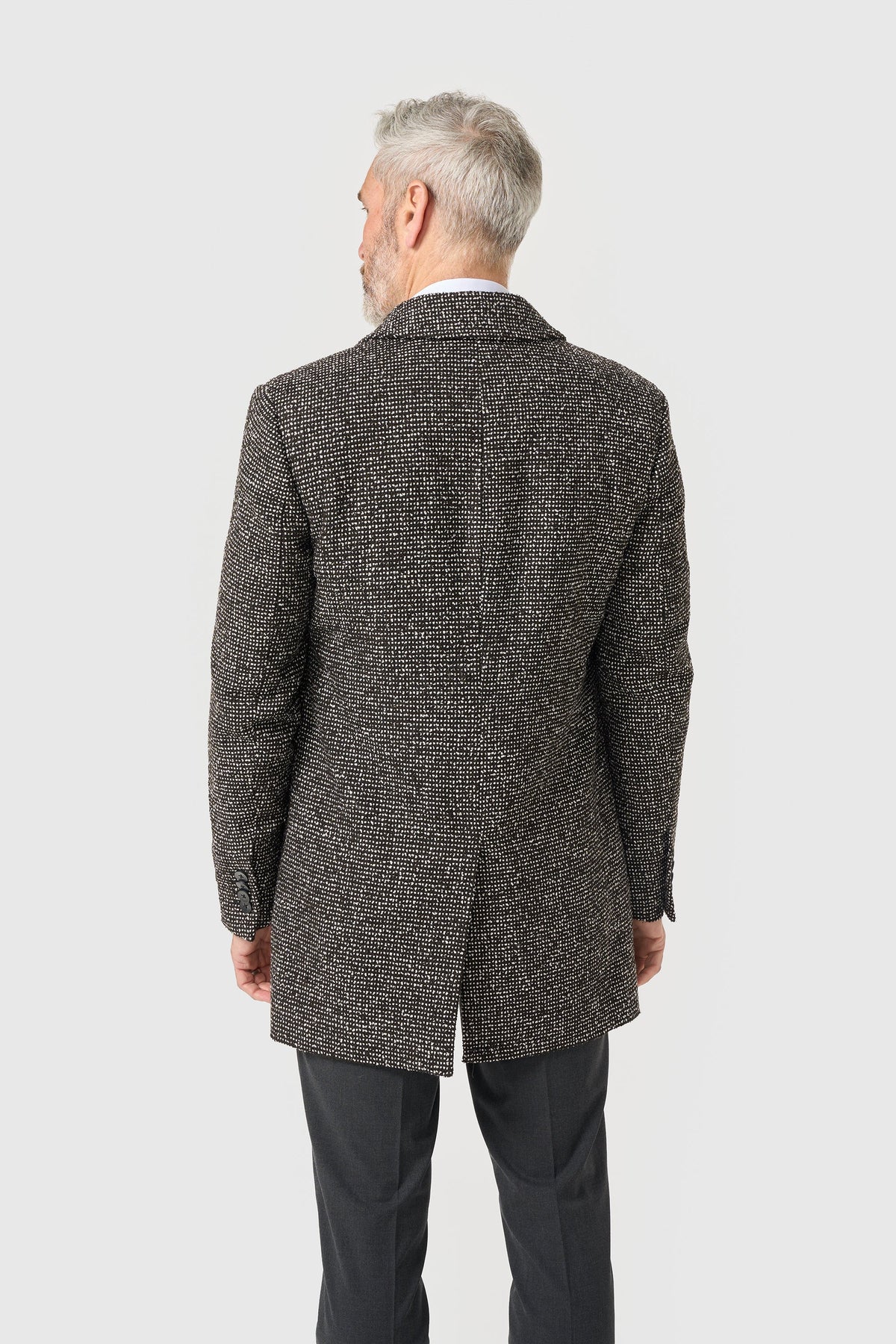 Men’s Wool Blend Textured Tweed Overcoat - Cavani Ettora Black & Grey Model Back Picture