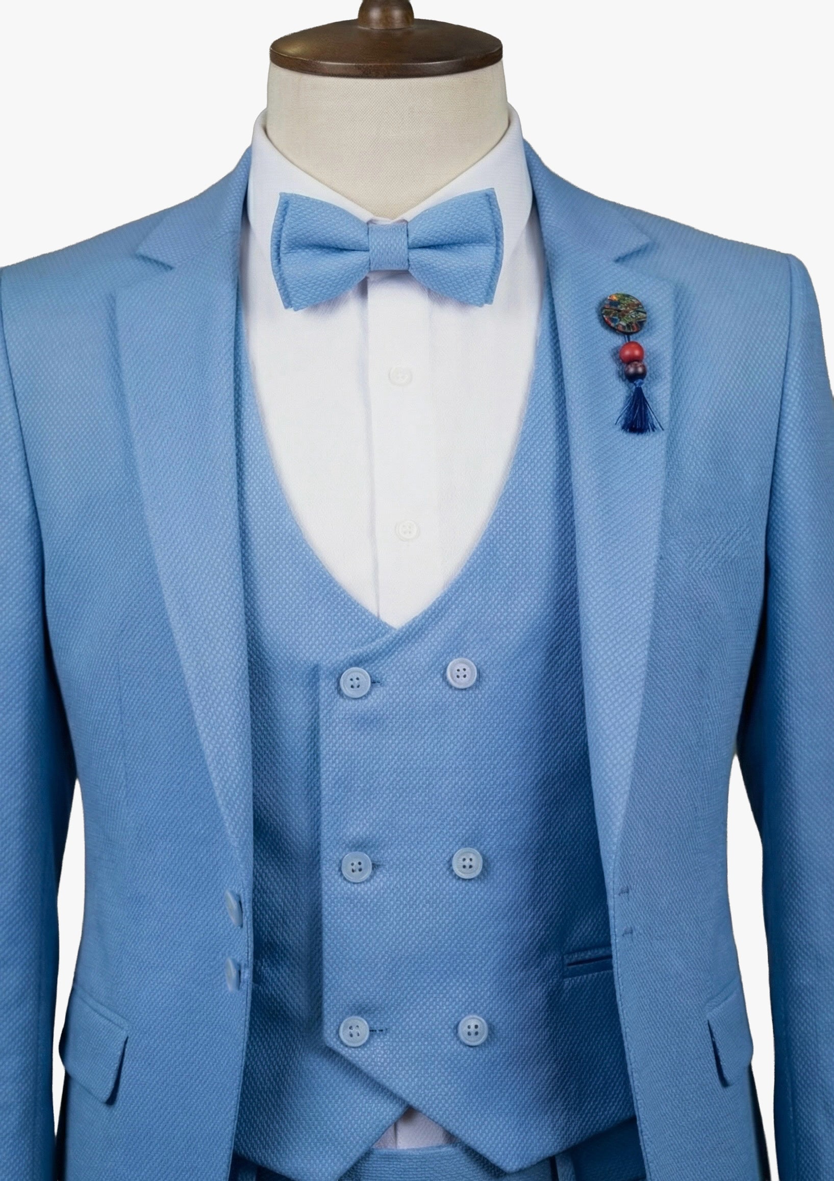 Boys 5-Piece Textured Weave Suit with Double Breasted Waistcoat - Light Blue