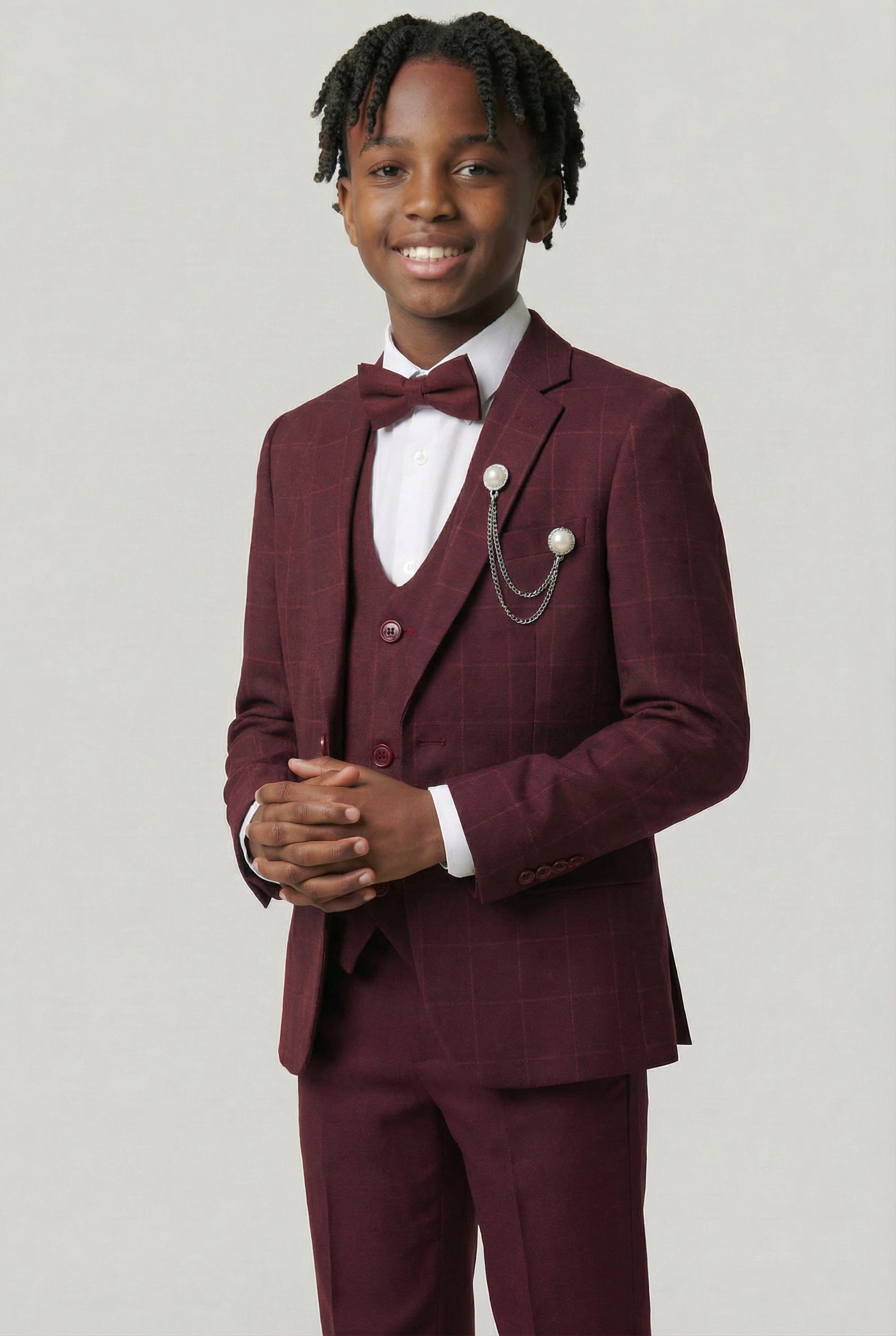 Boys Slim Fit Windowpane Check Burgundy Suit Set - Burgundy