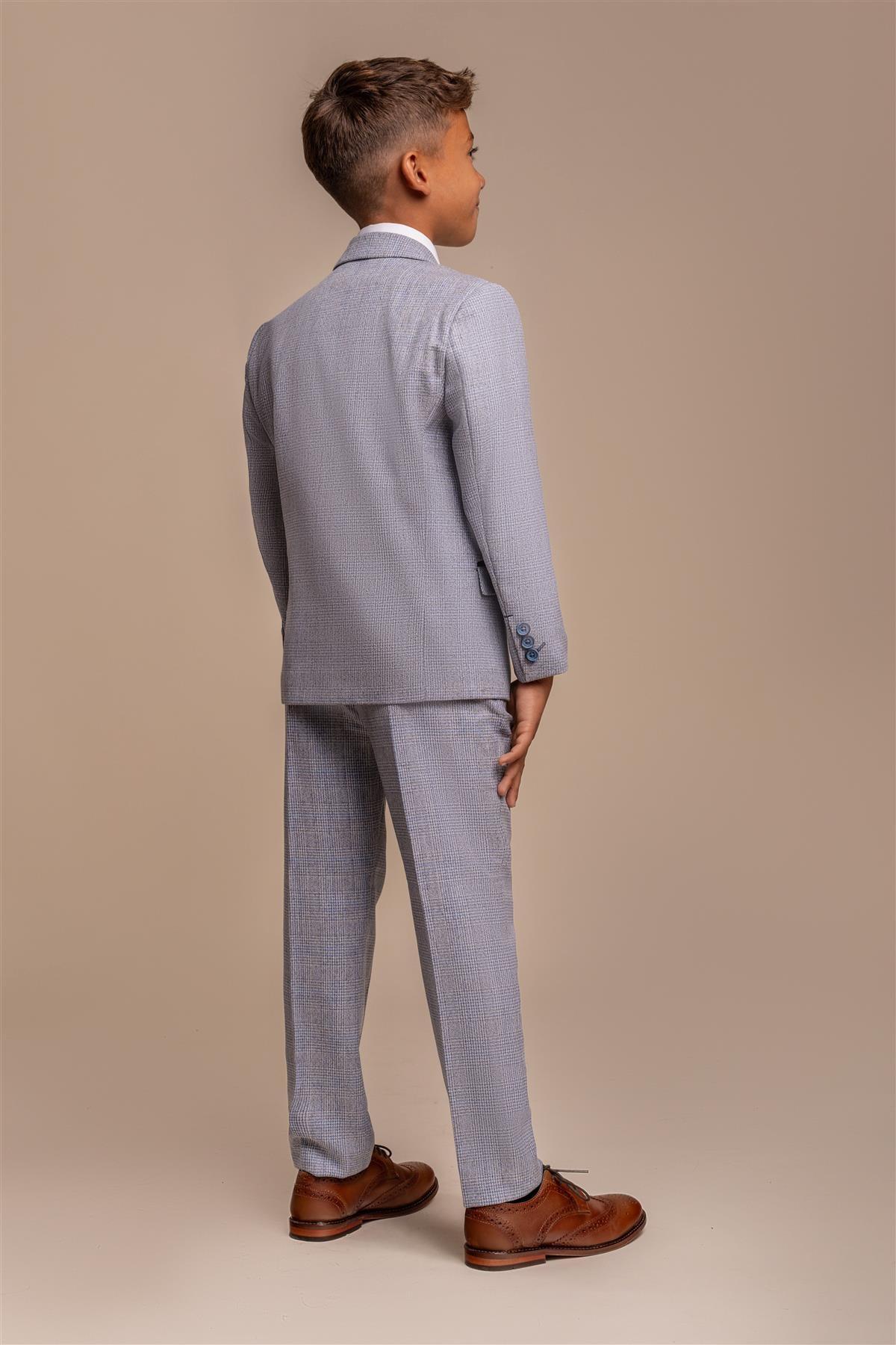 Father & Son Matching Glen Check Wool Tweed 3-Piece Suit Set - Caridi - Sky Blue