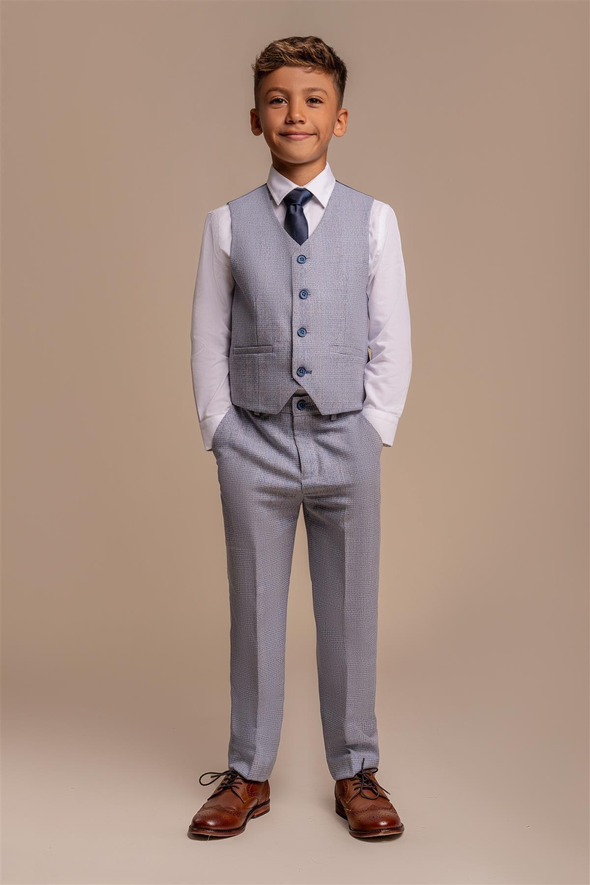 Father & Son Matching Glen Check Wool Tweed 3-Piece Suit Set - Caridi - Sky Blue
