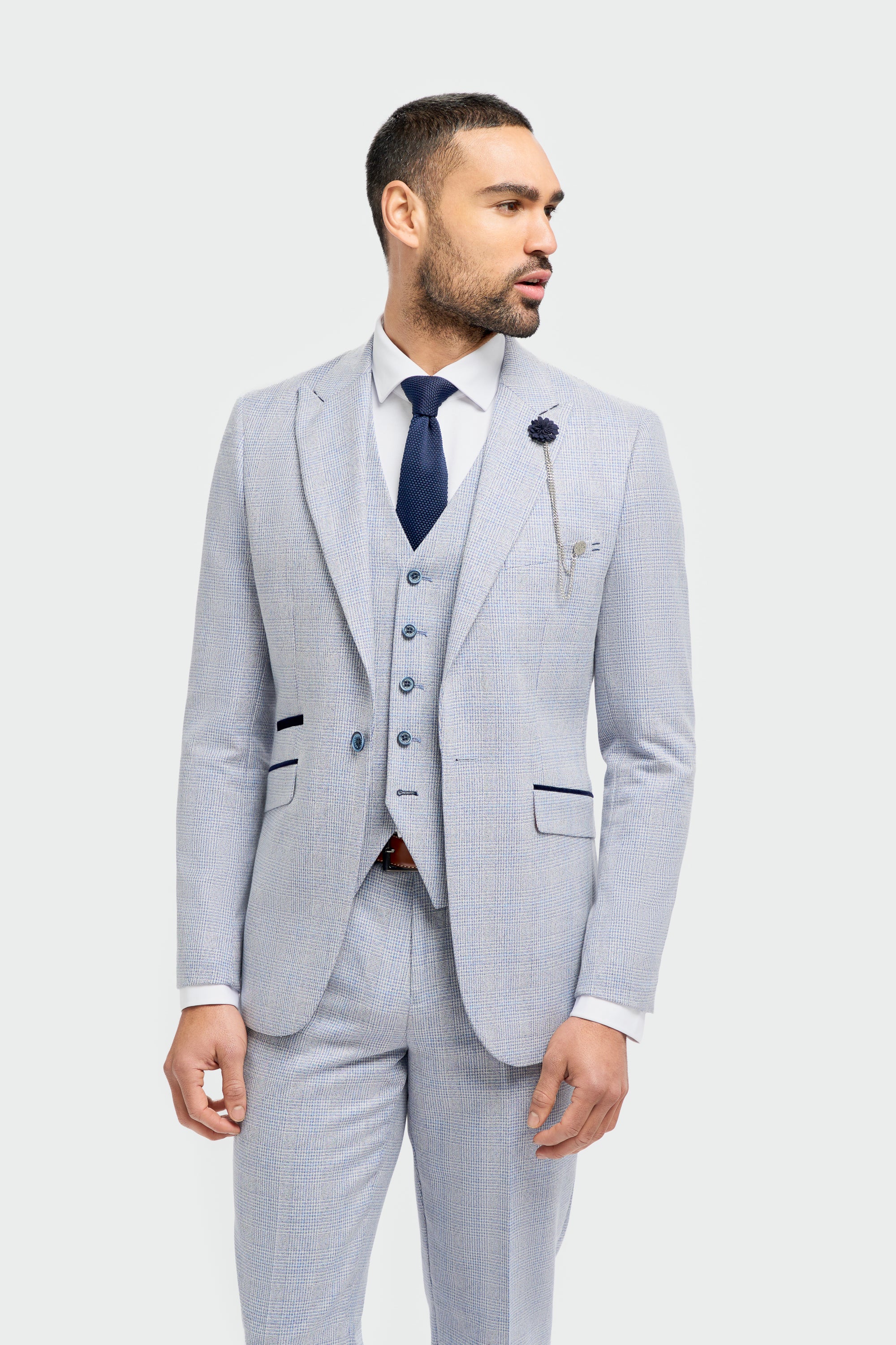 Father & Son Matching Glen Check Wool Tweed 3-Piece Suit Set - Caridi - Sky Blue