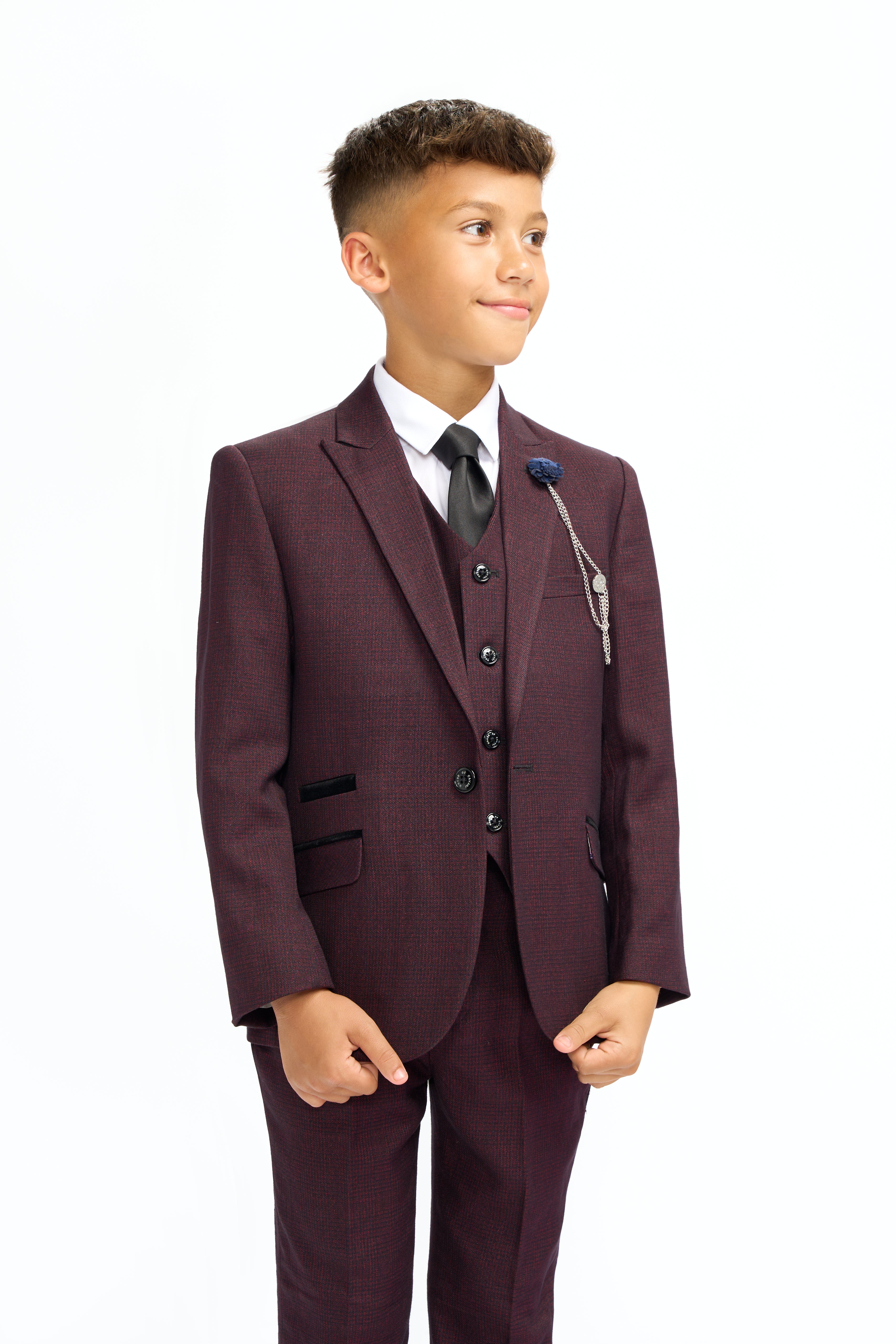 Father & Son Matching Glen Check Wool Tweed 3-Piece Suit Set - Caridi Wine