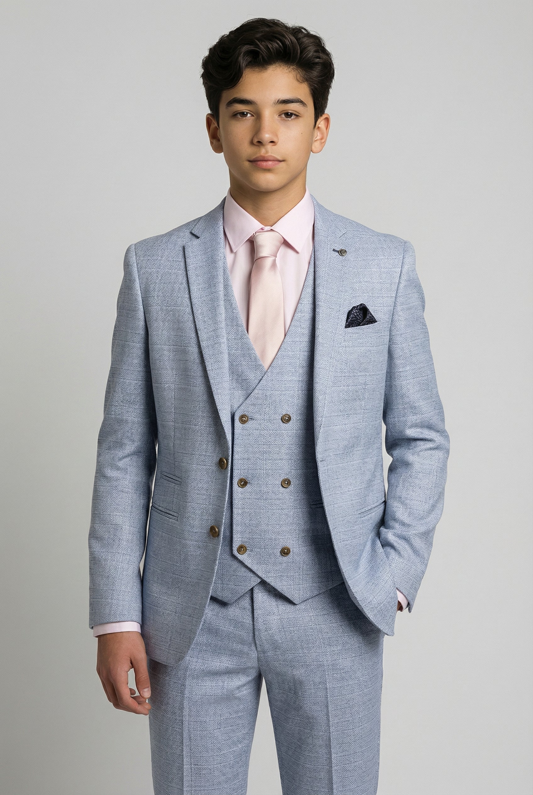 Father & Son Matching Glen Check Wool Tweed 3-Piece Suit Set - Luis Light Blue