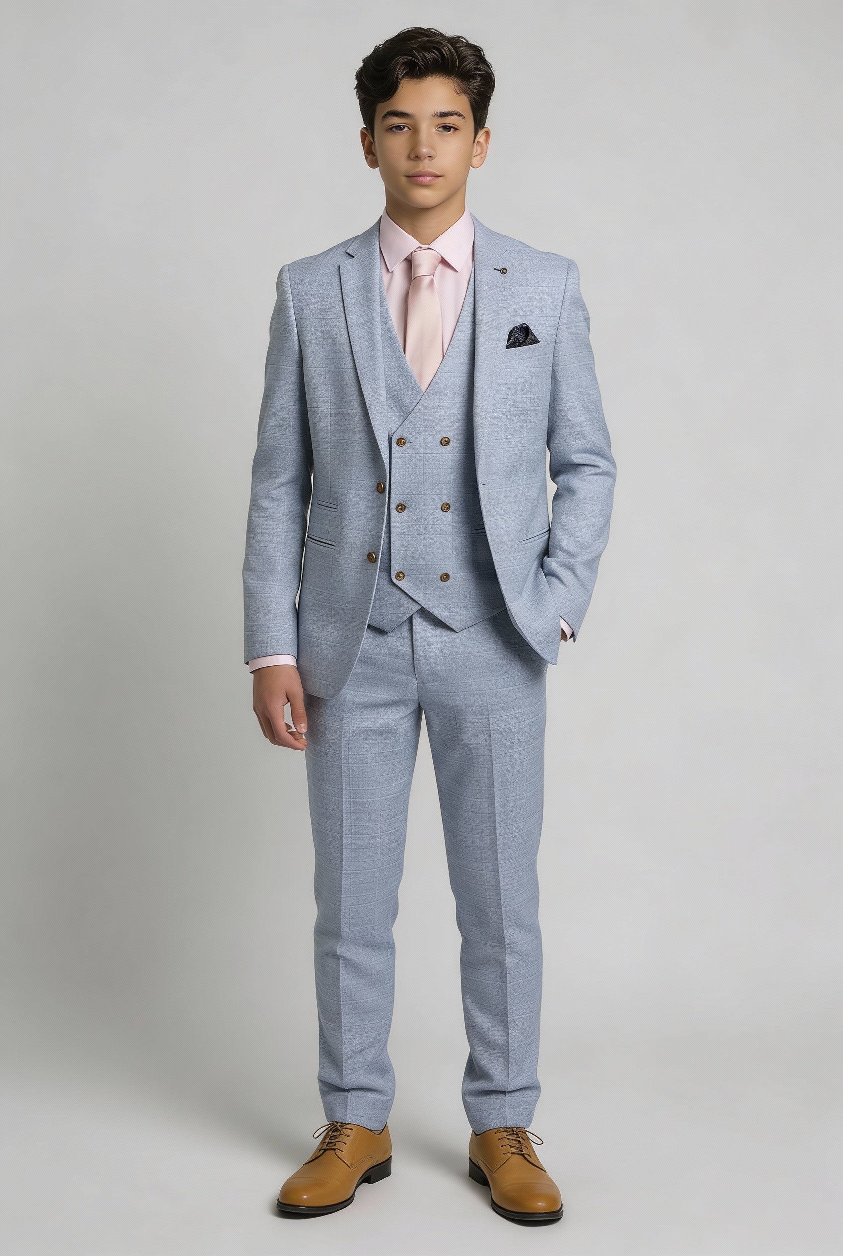 Father & Son Matching Glen Check Wool Tweed 3-Piece Suit Set - Luis Light Blue