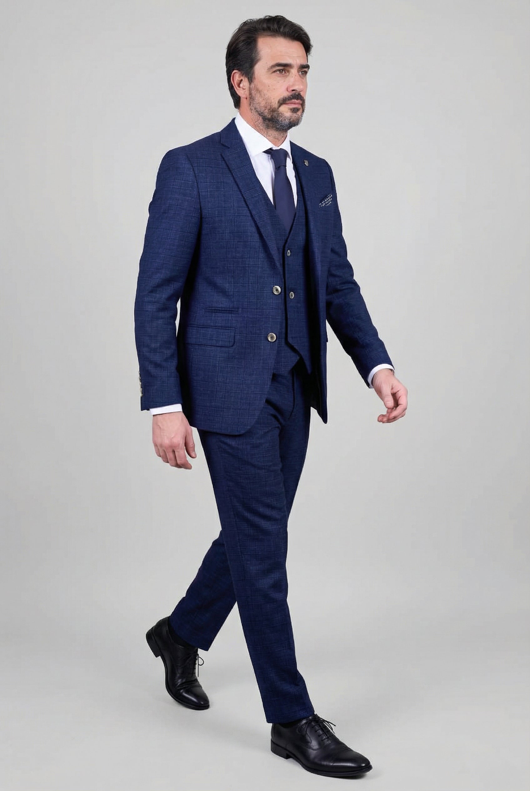 Father & Son Matching Glen Check Wool Tweed 3-Piece Suit Set - Luis Navy