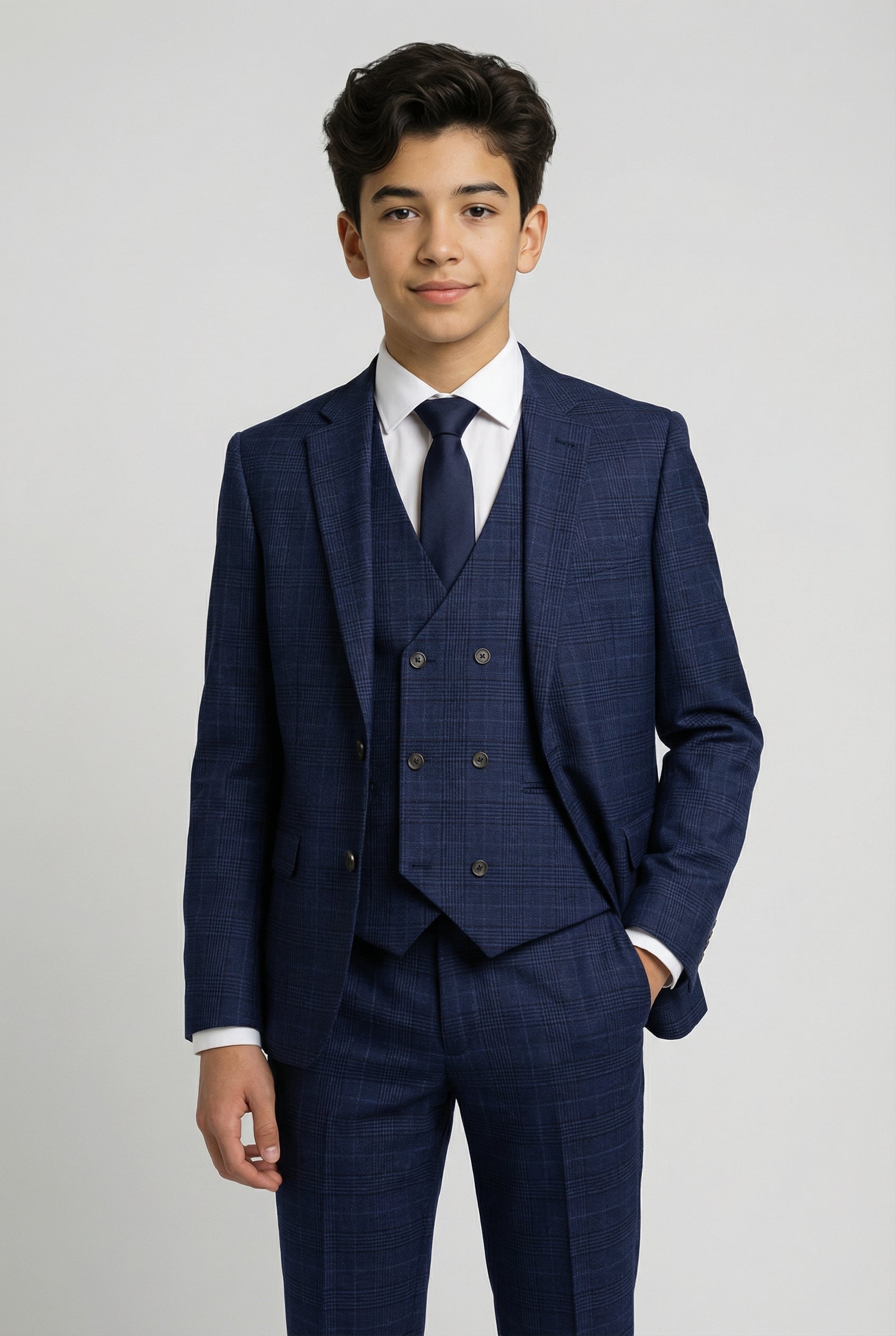 Father & Son Matching Glen Check Wool Tweed 3-Piece Suit Set - Luis Navy