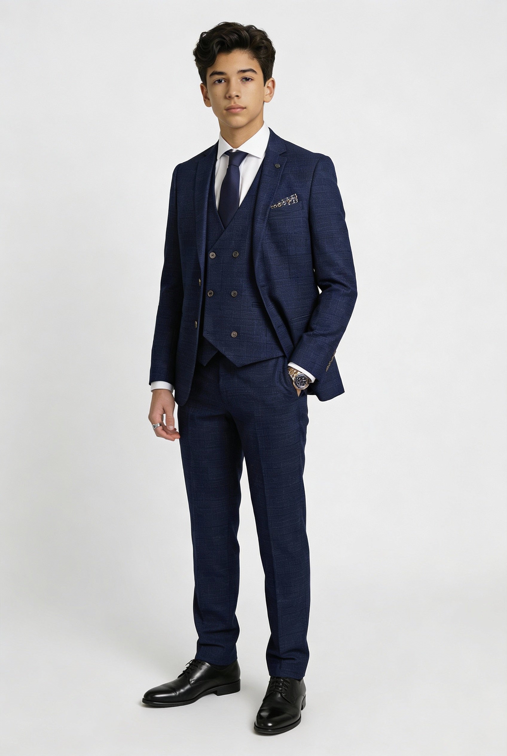 Father & Son Matching Glen Check Wool Tweed 3-Piece Suit Set - Luis Navy