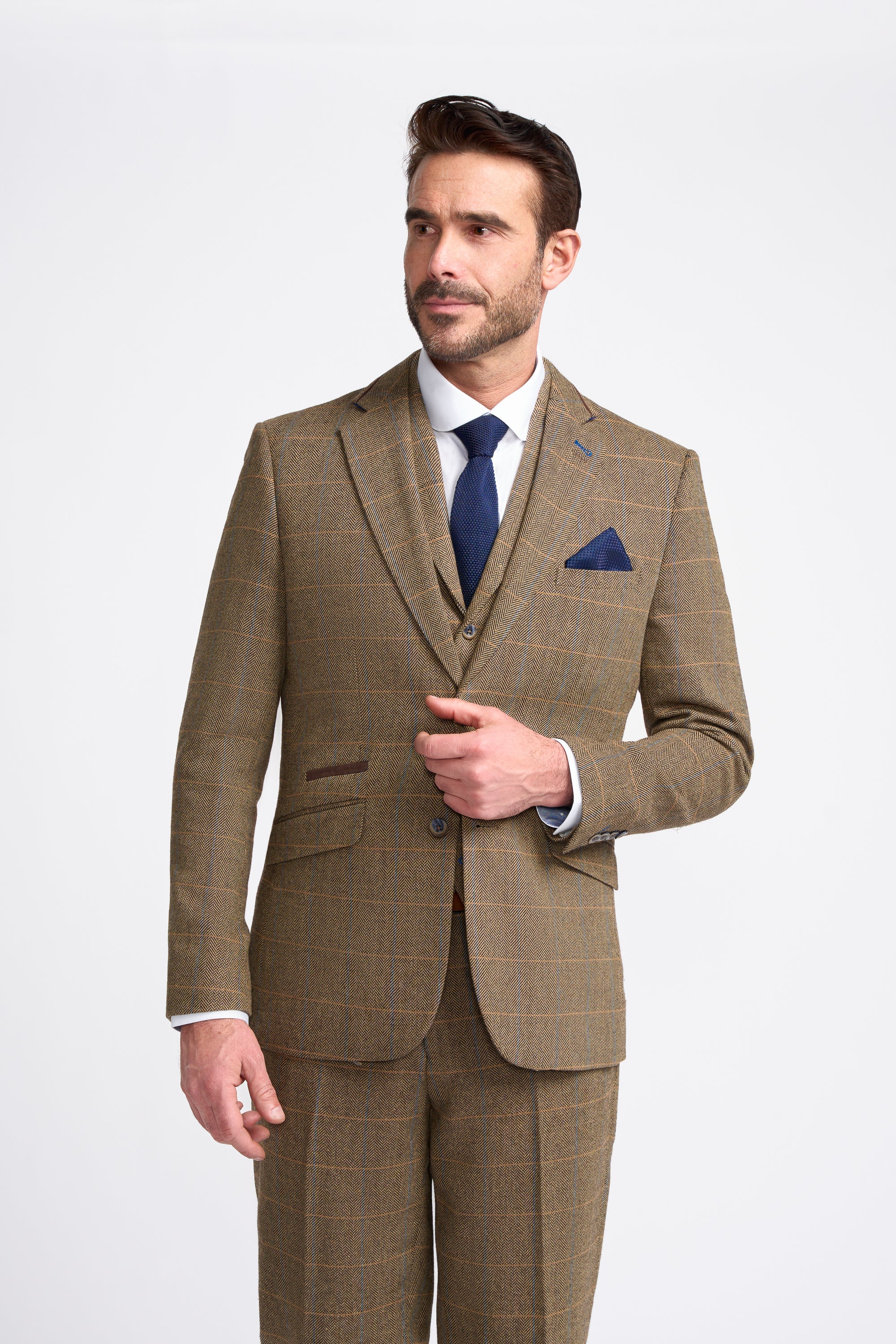 Father & Son Matching Herringbone Windowpane Check Tweed 3-Piece Suit Set - Albert Brown