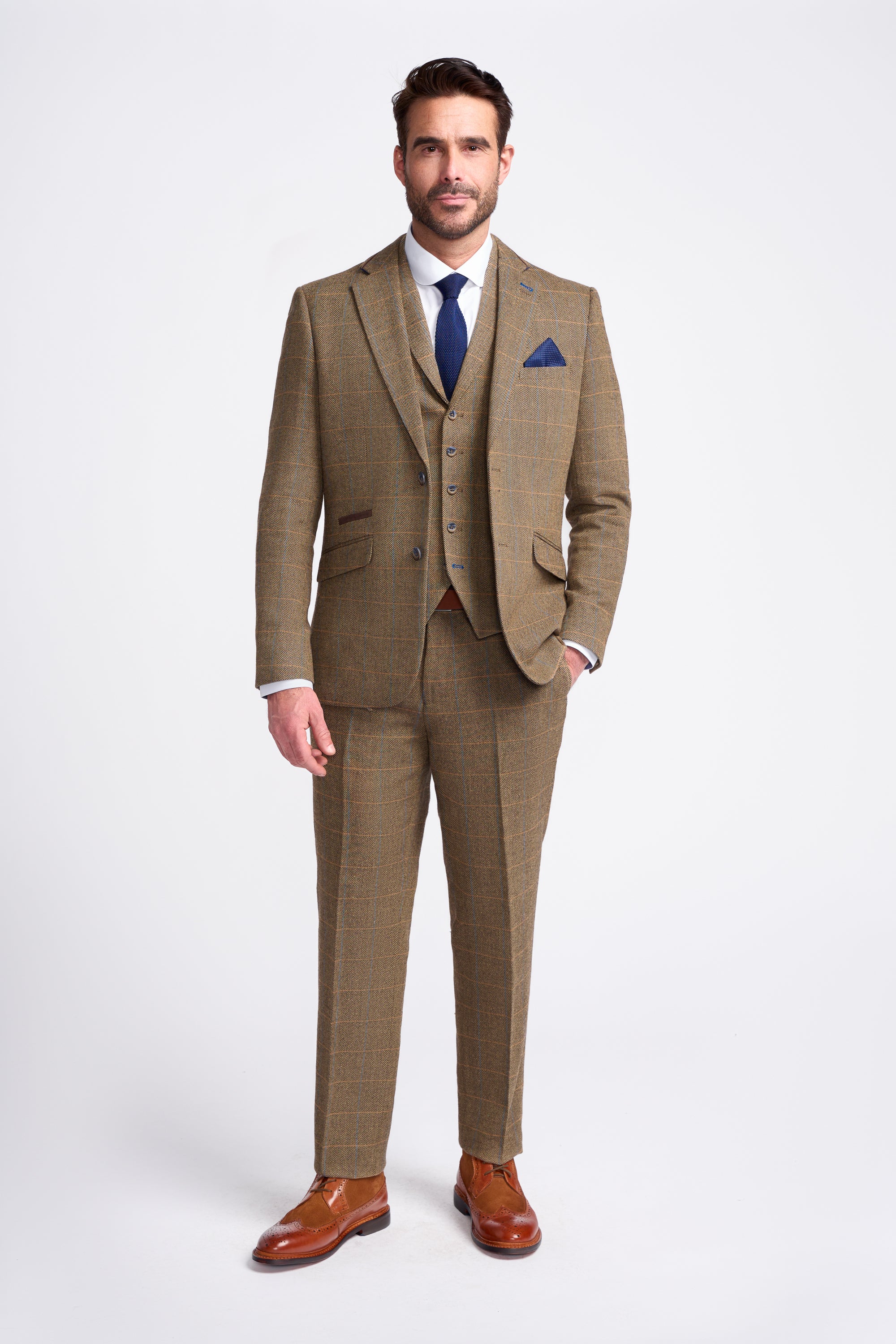 Father & Son Matching Herringbone Windowpane Check Tweed 3-Piece Suit Set - Albert Brown