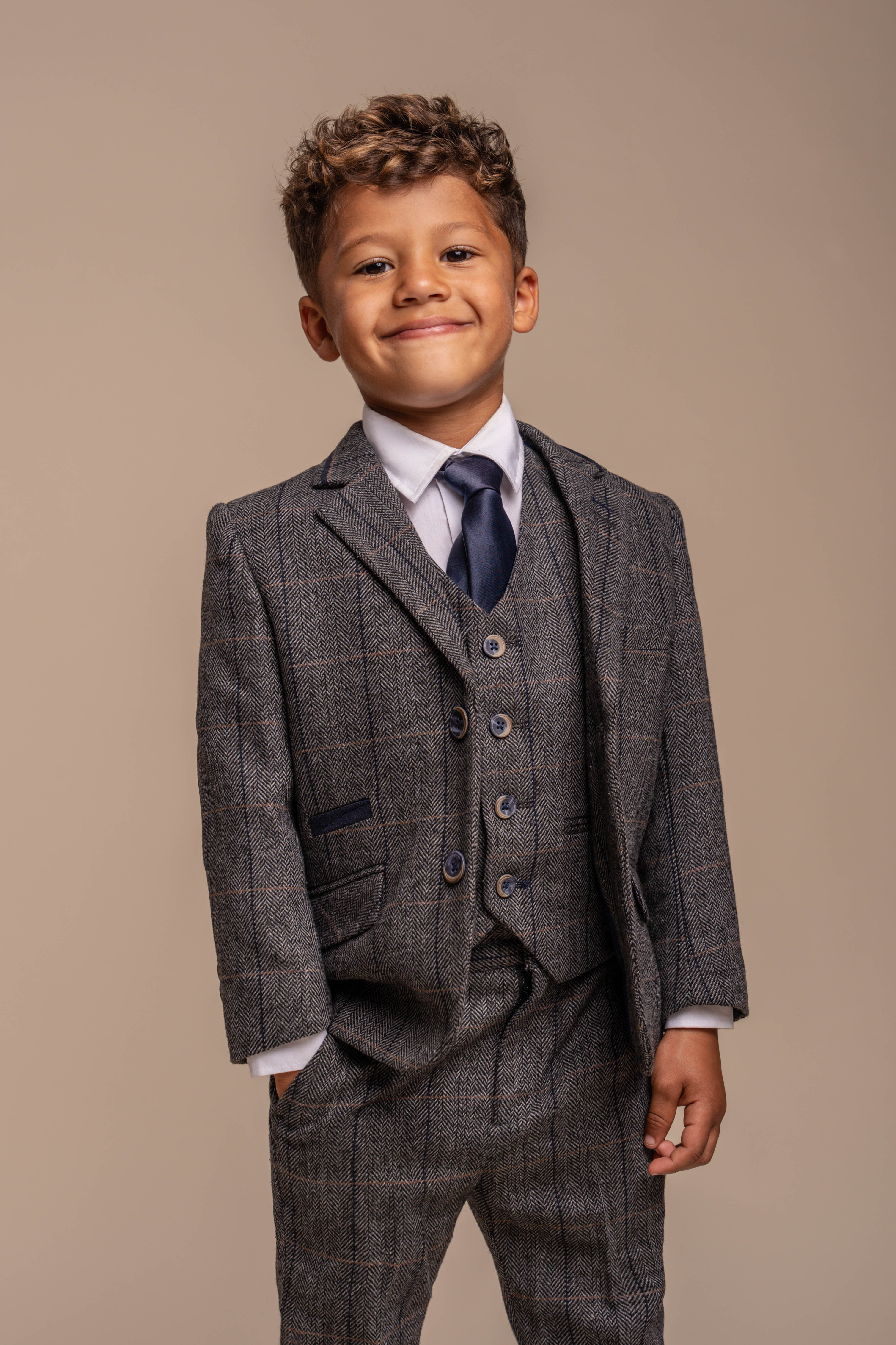 Father & Son Matching Herringbone Windowpane Check Tweed 3-Piece Suit Set - Albert Grey