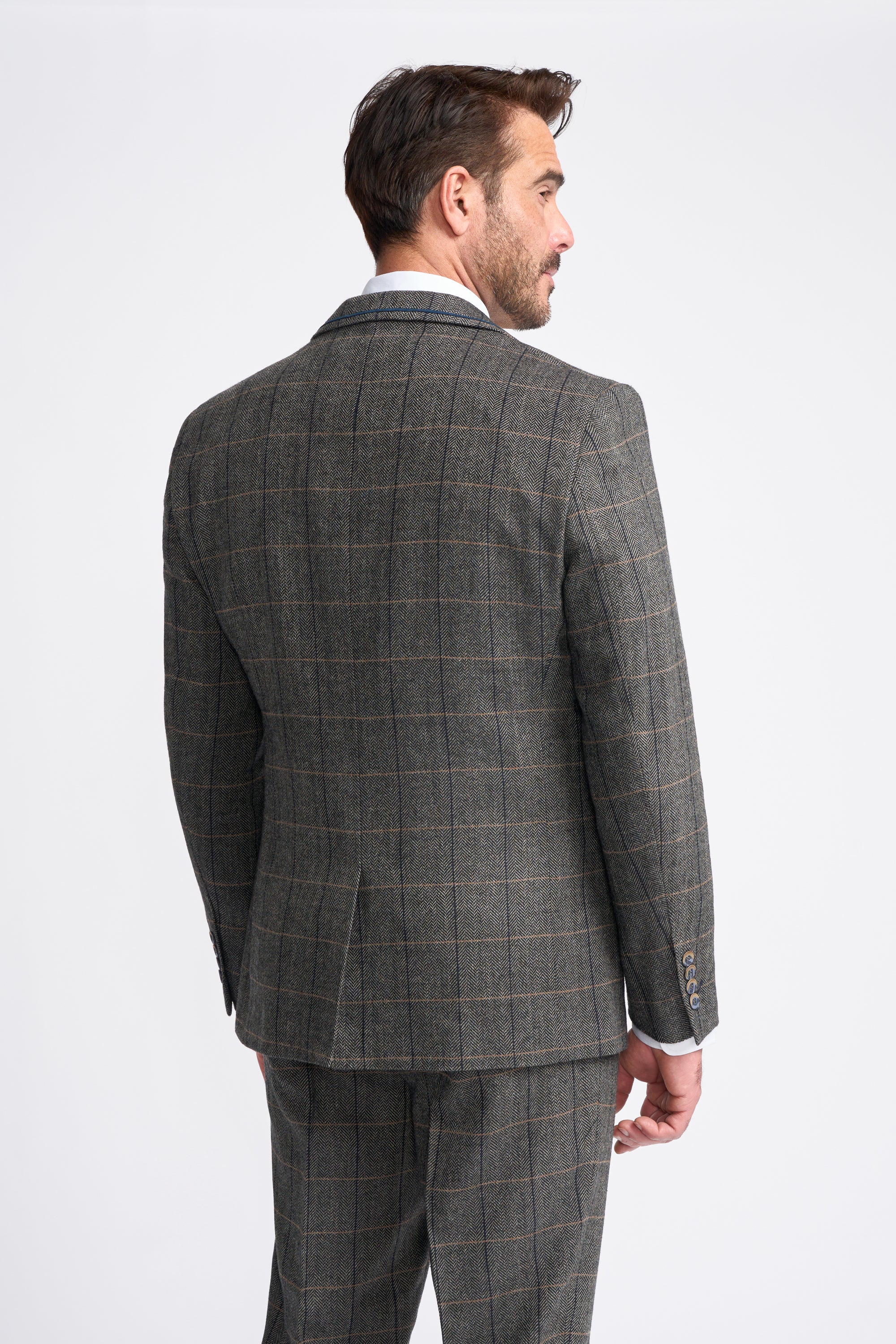 Father & Son Matching Herringbone Windowpane Check Tweed 3-Piece Suit Set - Albert Grey